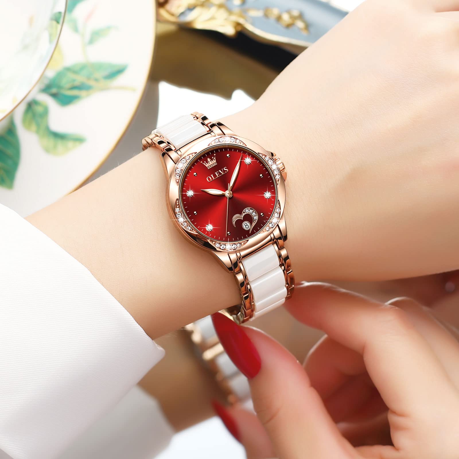 OLEVS Women's Luxury Diamond Automatic Self-Winding Watch - Elegant Stainless Steel & Ceramic Dress Watch with Luminous Hands, Waterproof for Daily Wear - Perfect for Business, Evening Events & Special Occasions