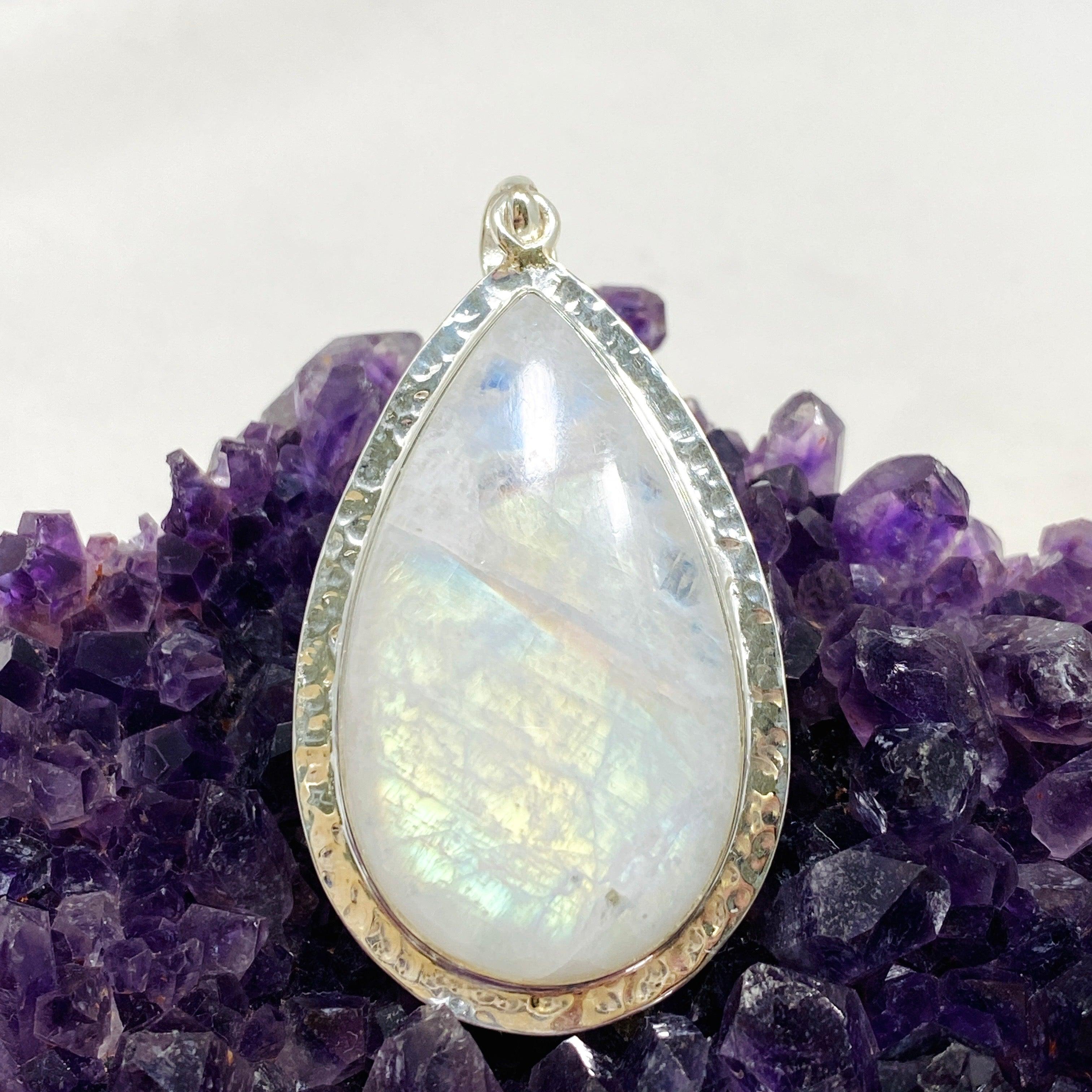 Moonstone Teardrop Pendant Necklace with Hammered Silver Detailing - Elegant Boho Jewelry for Women, Perfect for Weddings & Special Occasions | KPGJ4251