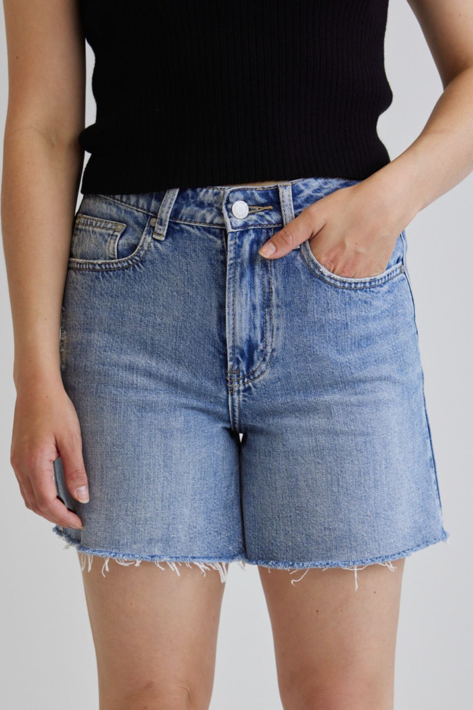 Aimee Women's Mid Blue Denim Shorts - High Waist Stretch Denim Shorts for Women - Perfect for Summer Outfits, Casual Wear & Beach Vacations