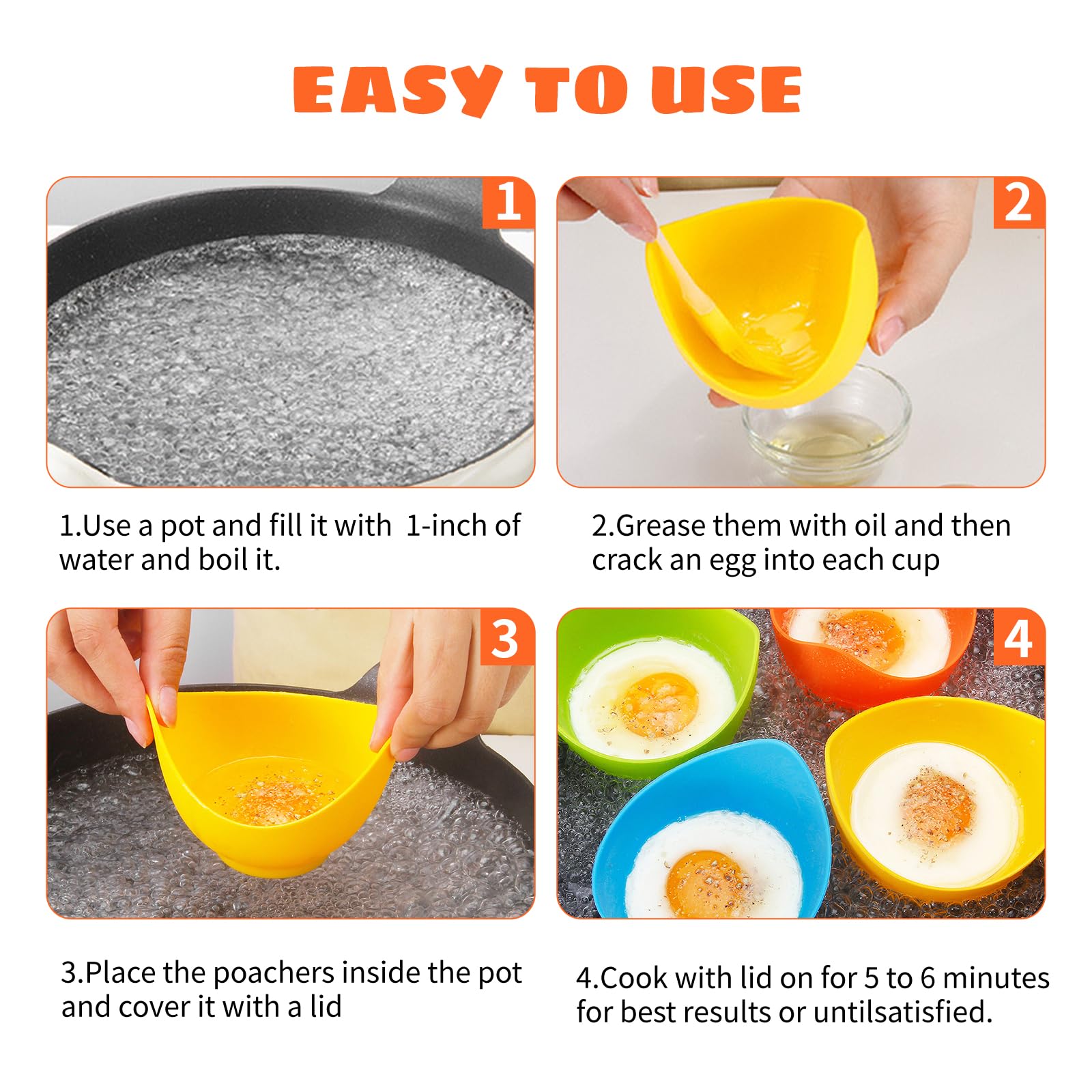Non-Stick Silicone Egg Poacher Set - 4 Pack BPA-Free Microwave & Stovetop Egg Cooker with Ring Stand & Silicone Brush - Perfect for Breakfast, Keto Diet & Meal Prep