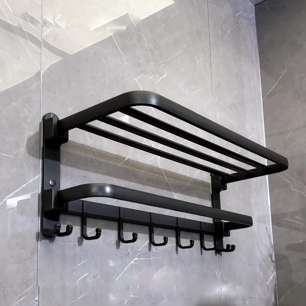 Matte Black No Drill Wall Mounted Towel Rack - 22.5 Inch Double Towel Rod with Shelf for Bathroom, Shower & Hotel Use - Rustproof Bathroom Organizer for Spa-Like Experience