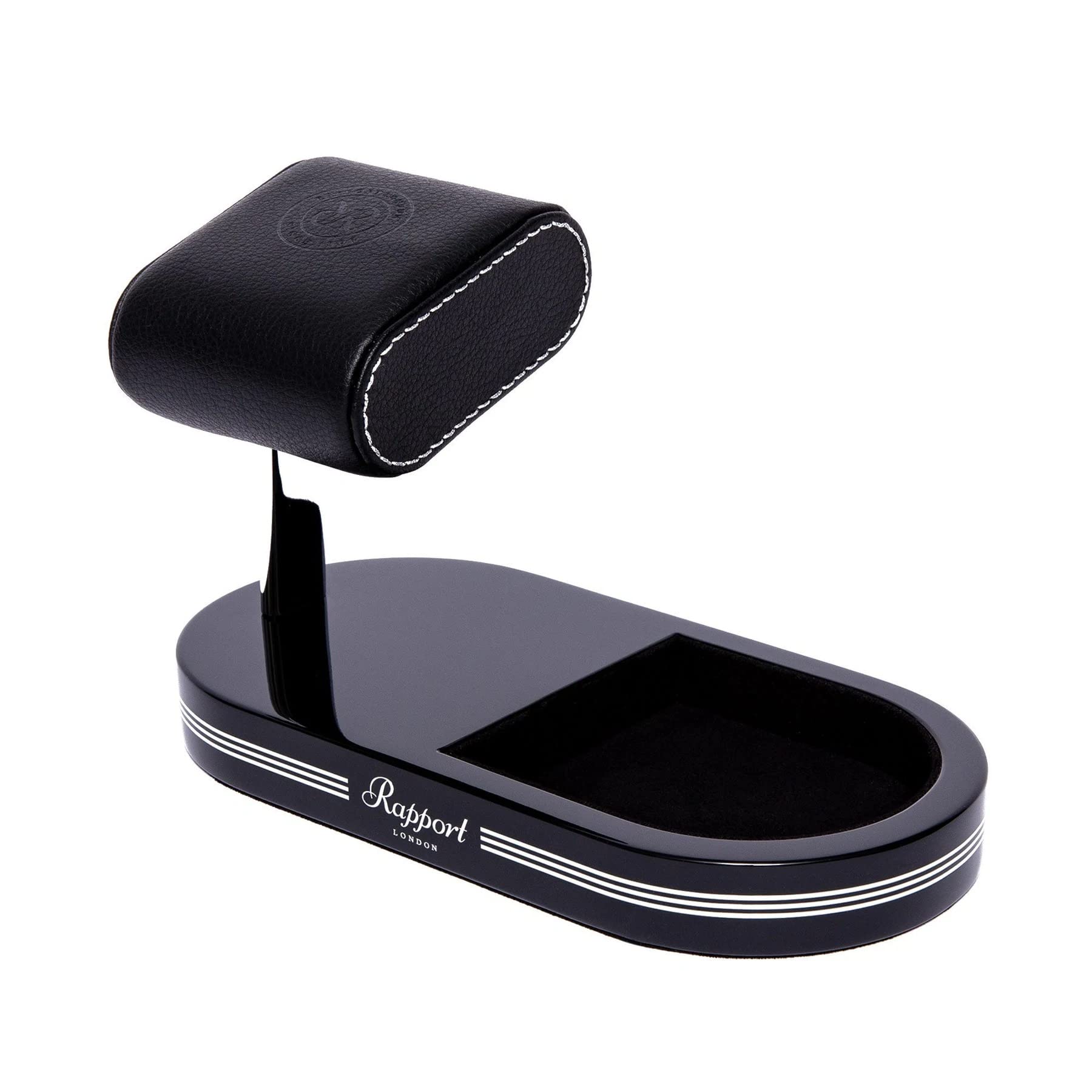 Luxury Watch Stand with Storage Tray - Premium Full Grain Leather Cushion for Cufflinks, Jewelry & AirPods (Black/Silver) - Elegant Watch Display & Organizer for Dresser, Vanity or Office Desk