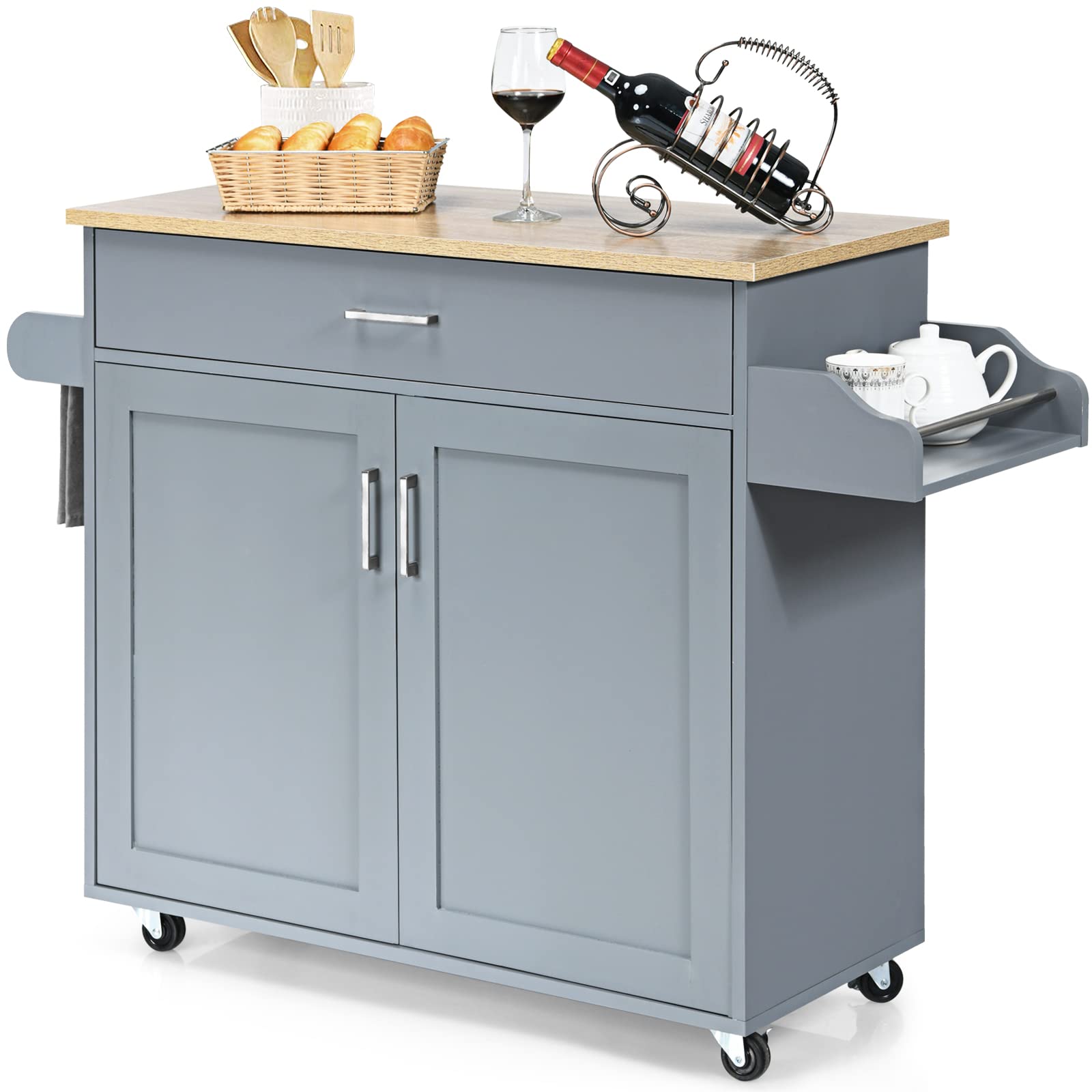 PETSITE Kitchen Island Cart with Storage Cabinet on Wheels - Mobile Kitchen Cart with Spice Rack, Towel Holder & Drawer - Grey Rolling Kitchen Island for Small Spaces, Apartments & Home Cooking
