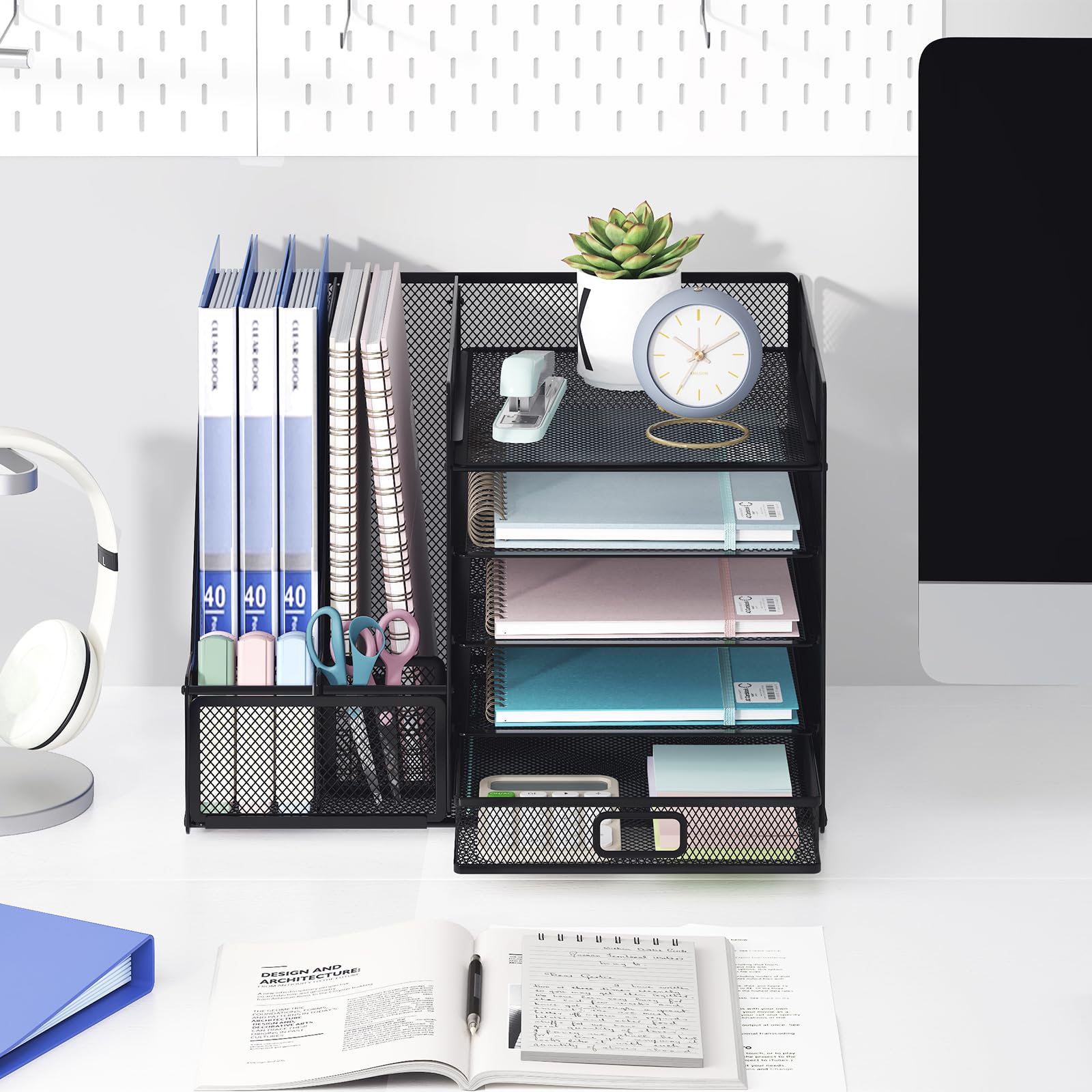 EOOUT 5-Tier Desk File Organizer with Magazine Holder & Drawer - Black Office Desk Accessories Set for Paper, Files, and Supplies - Perfect for Home Office, Workspace, and School Organization