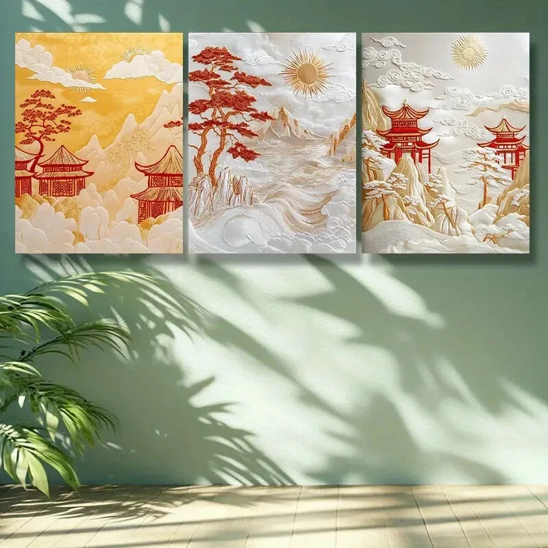 3-Piece Chinese Traditional Pavilion Wall Art Set - Framed Canvas Prints 40x60cm - High Quality Handmade Wall Decor - Ready to Hang - Perfect for Living Room, Bedroom & Office Decor