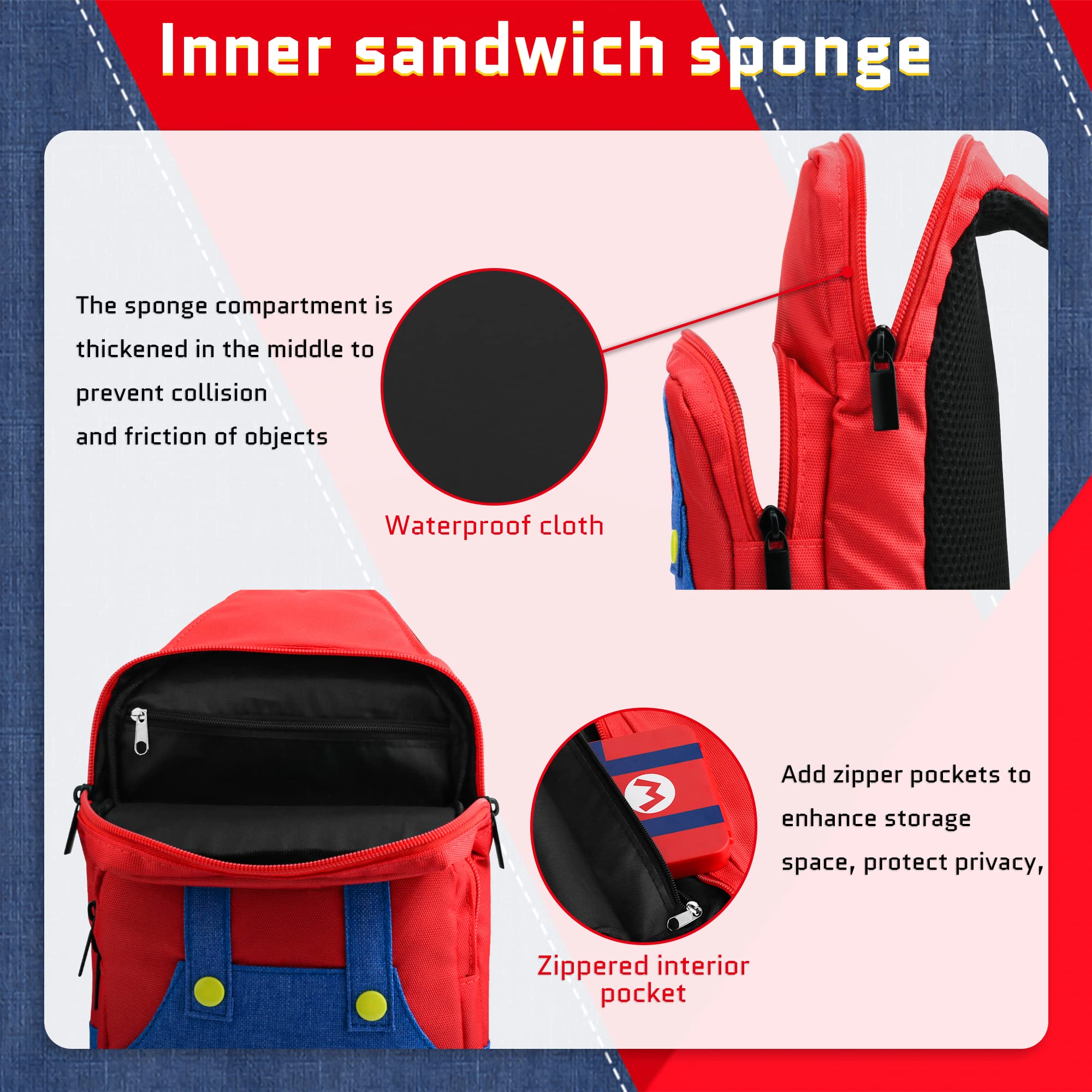 Super Mario Switch Travel Bag - Red & Blue Crossbody Backpack with Game Case for Nintendo Switch/OLED/Lite | Portable Gaming Accessories for Travel & Commute