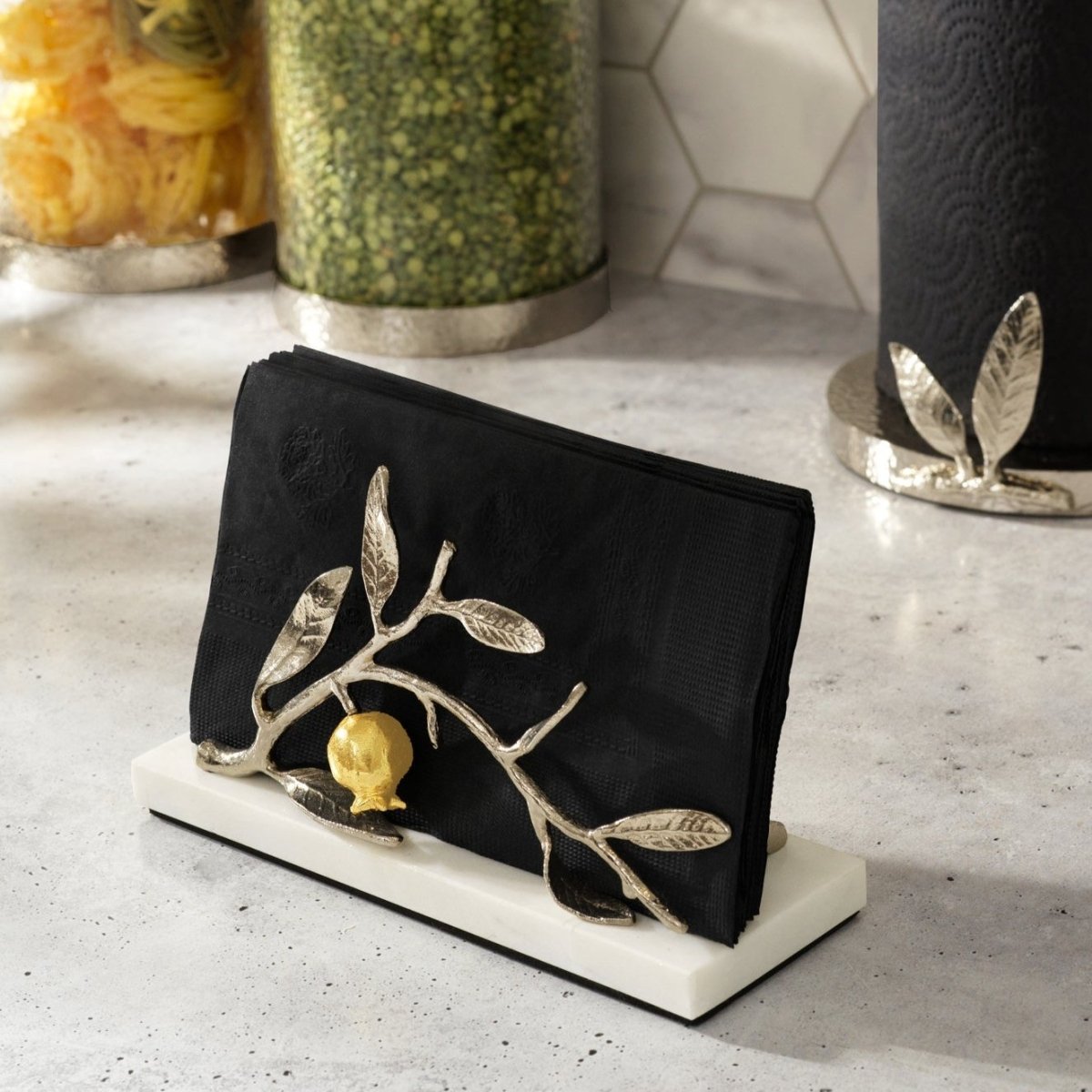 Elegant Pomegranate Silver & Gold Vertical Napkin Holder - Perfect for Wedding, Party, and Holiday Table Decor
