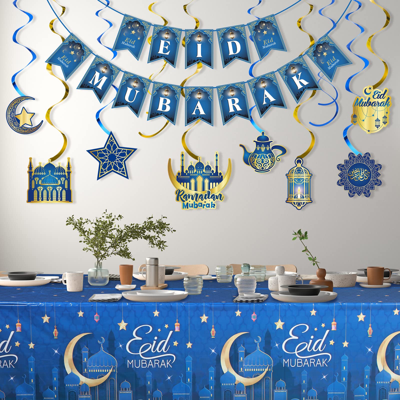 Eid Mubarak Party Supplies Set - 24-Piece Ramadan Tableware Kit with Plates, Napkins, Cups, Cutlery, Banner & Tablecloths - Blue Muslim Celebration Decor for Iftar Dinners & Family Gatherings
