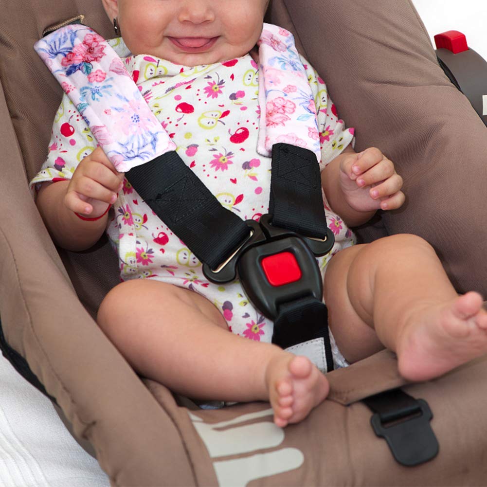 Baby Car Seat Cover & Shoulder Pads Set - Floral No Touching Sign Canopy, Stroller Seat Strap Covers for Newborn Girls & Boys - Nursing Scarf & Kids Seat Belt Protectors for Pushchair - Perfect for Travel, Shopping & Daily Outings