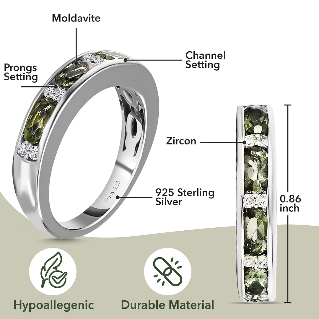 925 Sterling Silver Moldavite & White Zircon Half Eternity Ring for Women - Platinum Plated Wedding Band, Promise Jewelry, Birthday Gift for Her - Perfect for Engagement, Anniversary & Special Occasions
