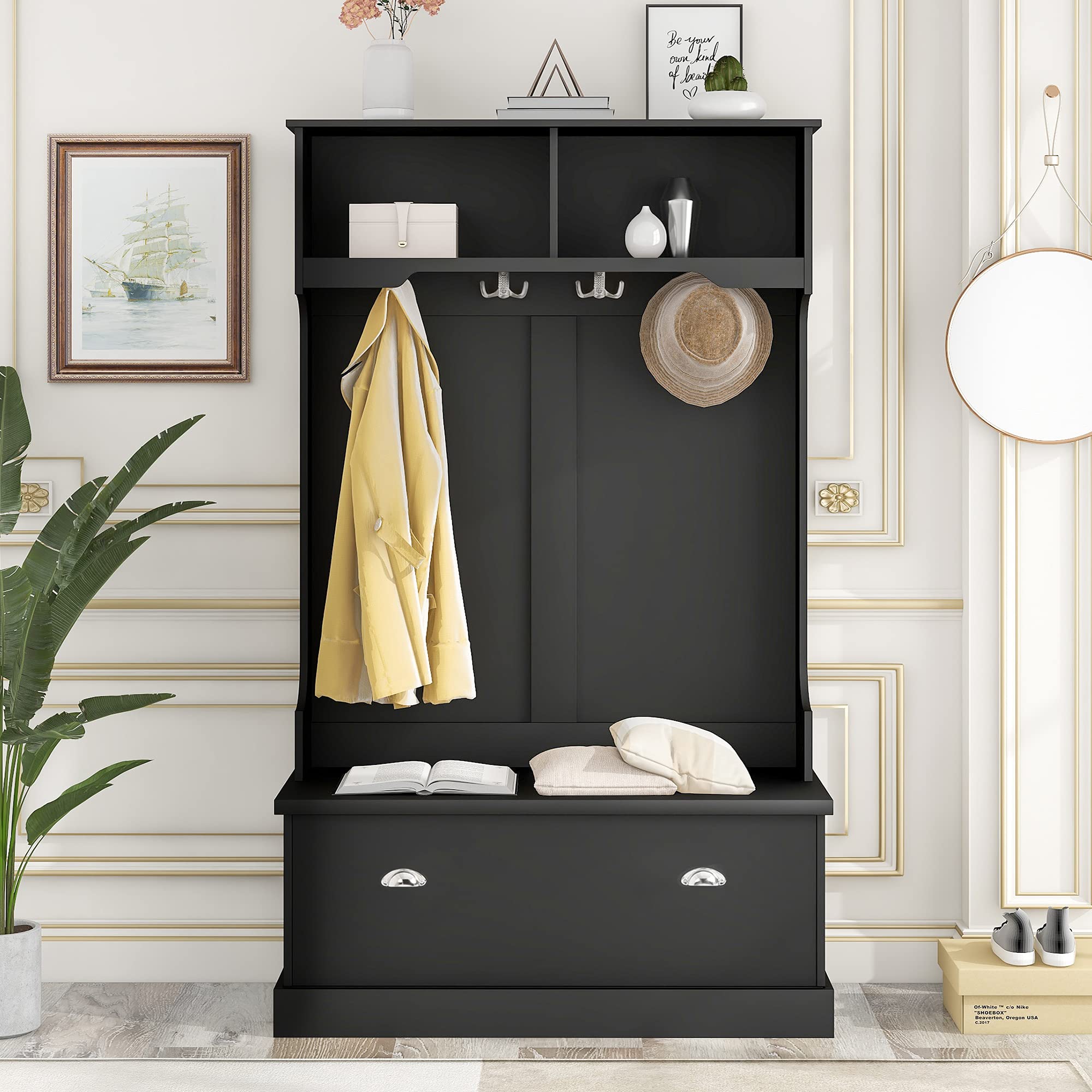 Hall Tree with Bench - Coat Rack with 4 Hooks, Entryway Storage Bench with 2 Cubbies & Cabinet - Shoe Organizer for Hallway | Perfect for Mudroom, Foyer & Entryway Organization
