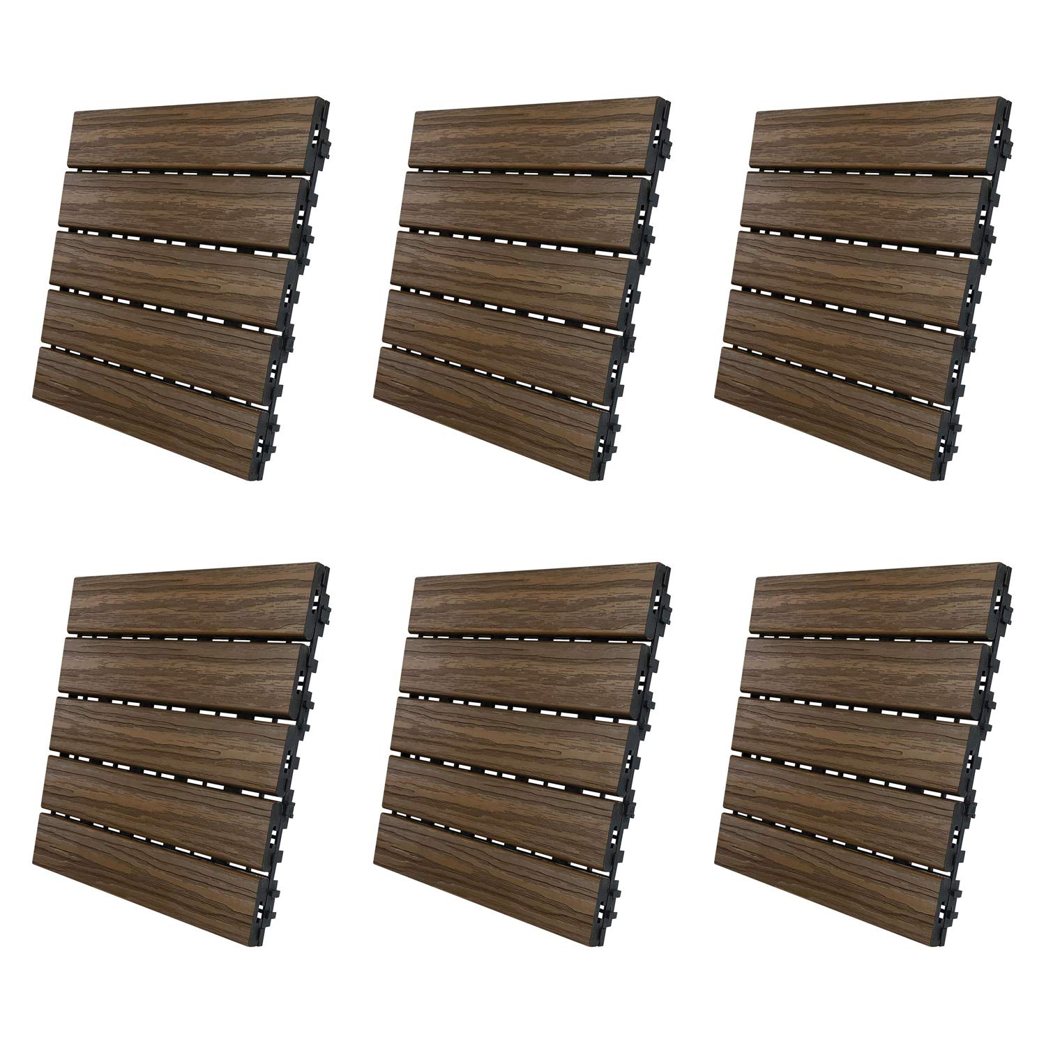 Premium Interlocking Snap-On Faux Wood Polymer Outdoor Deck Tiles - 1x1 Foot, Walnut Brown (6 Pack) - Perfect for Patio, Poolside, Balcony & Garden Flooring
