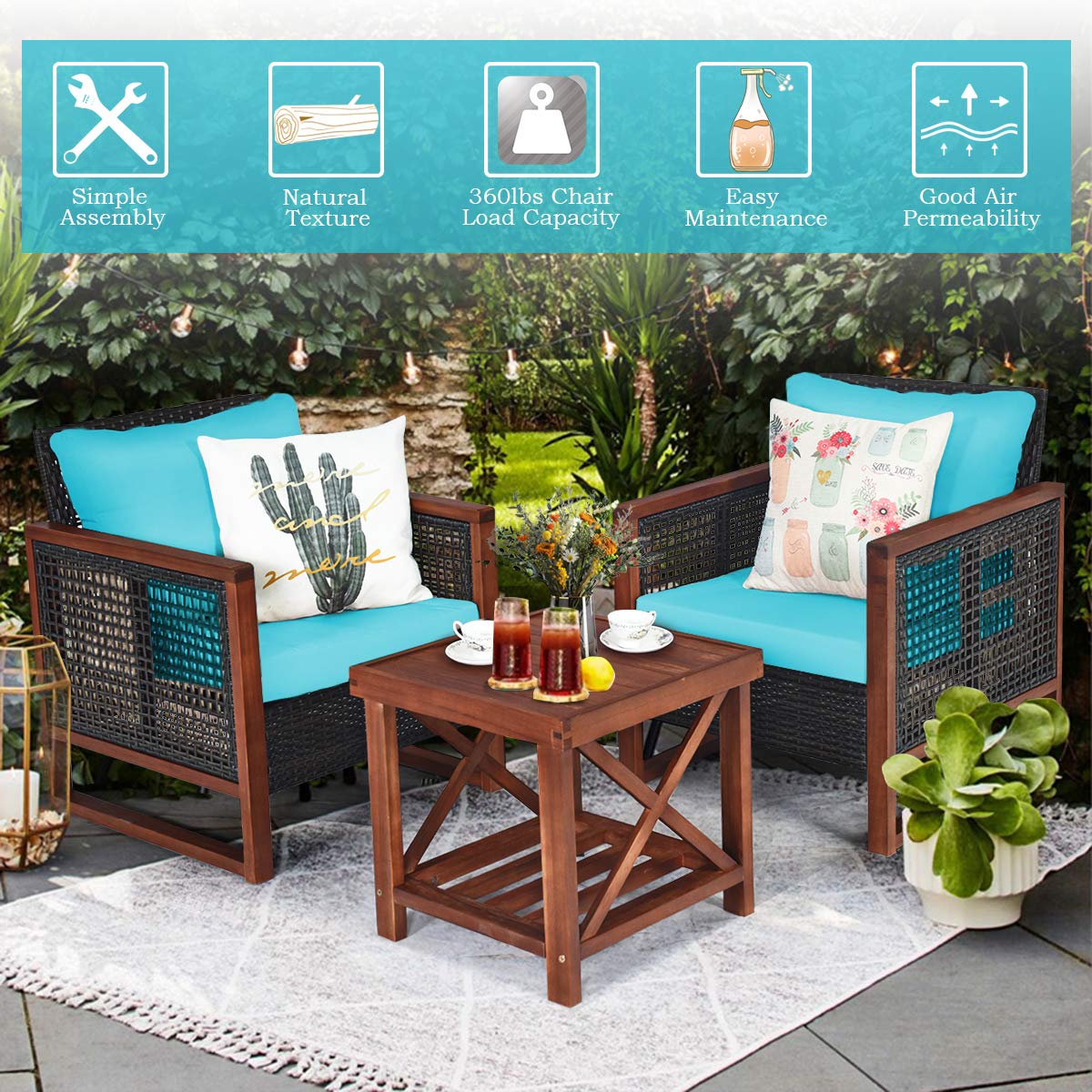 Tangkula 3-Piece Patio Furniture Set - All-Weather Wicker Sofa with Washable Cushions & Acacia Wood Coffee Table - Outdoor Conversation Set for Garden, Balcony, Backyard, Poolside (Turquoise) - Perfect for Relaxing, Entertaining & Enjoying Outdoor Living
