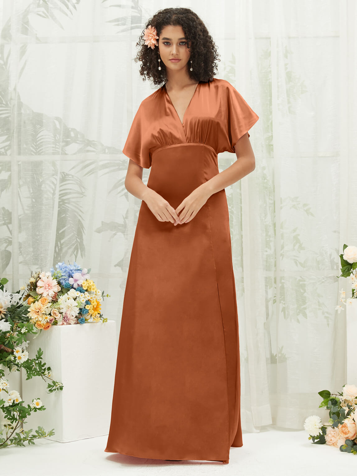 Elegant Cooper V-Neck Short Sleeve Satin Maxi Bridesmaid Dress with High Slit - Perfect for Weddings, Formal Events & Evening Parties