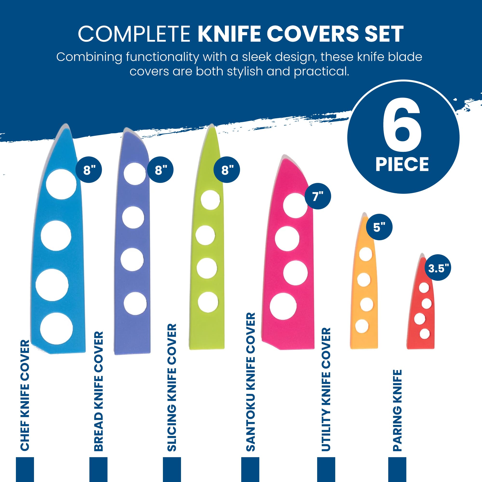 CHEF'S VISION Premium Knife Blade Covers - 6-Piece Set of Durable Knife Guards for Kitchen Knives - Protective Knife Sheaths for Safe Storage - Ideal for Chef Knives, Santoku, Paring & Bread Knives - Perfect for Home Kitchen, Restaurant & Culinary School Use