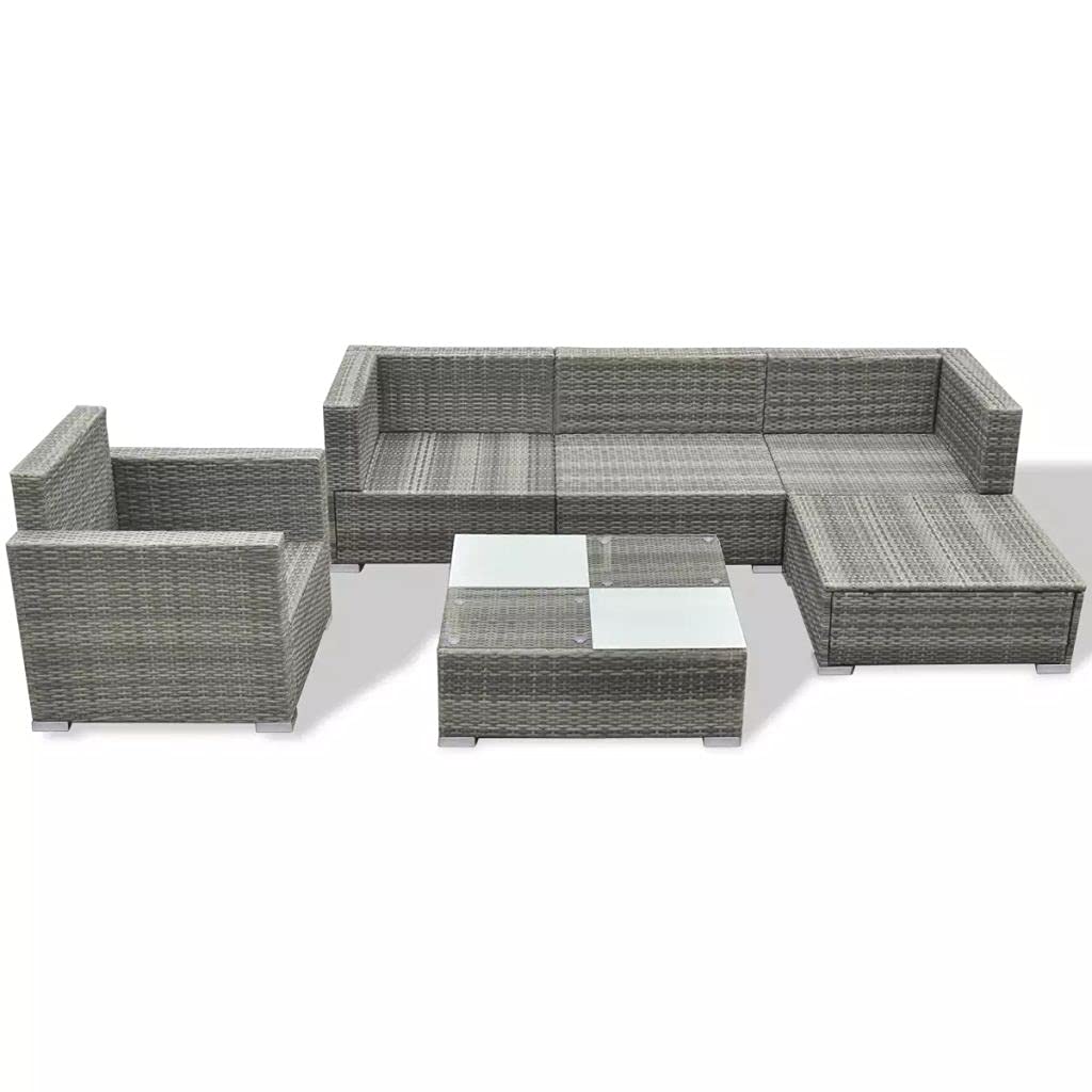 6-Piece Gray Poly Rattan Outdoor Bar Set with Cushions & Glass Table - Patio Furniture for Backyards, Porches, Gardens & Poolside (Weather-Resistant & Comfortable)