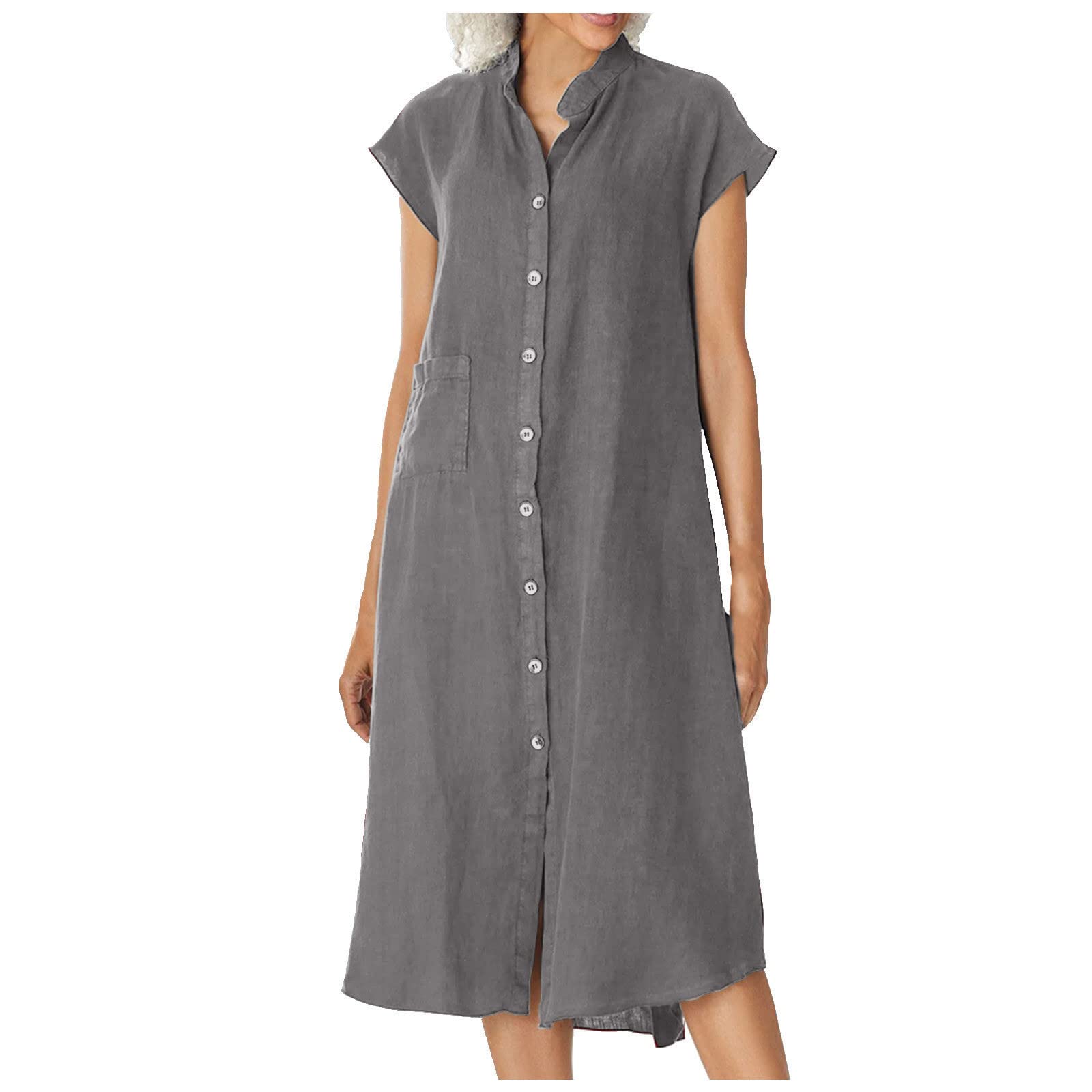 YZHM Women's Summer Linen Shirt Dress - Casual V-Neck Short Sleeve Midi Dress with Buttons | Lightweight Solid Color Blouse Dress for Beach, Vacation & Everyday Wear