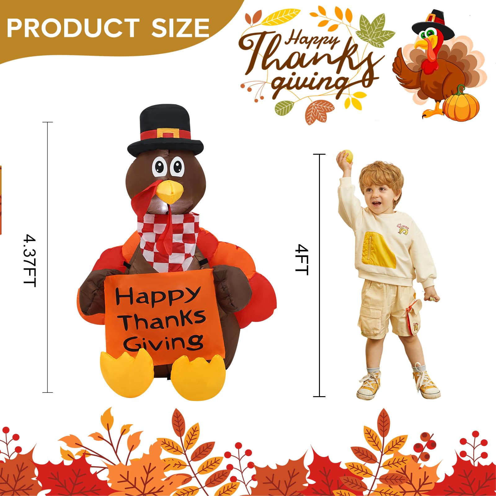 4 FT Pull Banner Turkey Thanksgiving Inflatable Decoration with LED Lights - Outdoor Holiday Yard Decor for Lawn, Garden & Patio - Perfect for Thanksgiving Party, Fall Festival & Family Gatherings