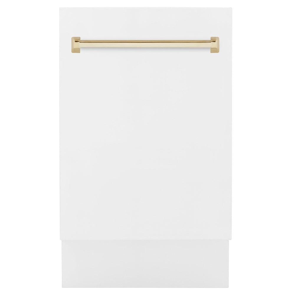 ZLINE Autograph Edition 18-Inch Compact Dishwasher with 3rd Rack - White Matte Finish & Polished Gold Handle, Ultra Quiet 51dBa (DWVZ WM 18 G) - Perfect for Small Kitchens, Apartments, and RV Living