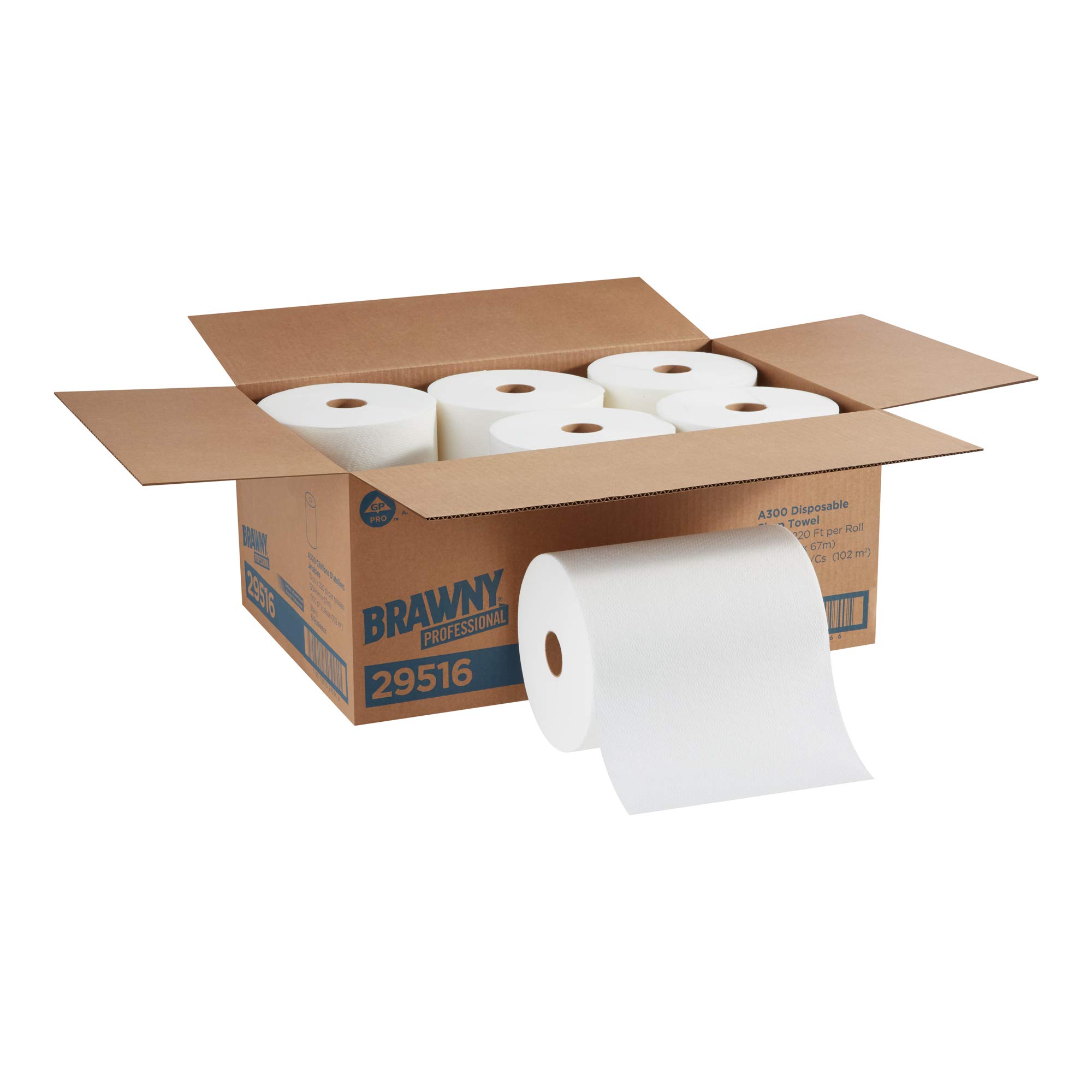 Georgia-Pacific Brawny Professional A300 Disposable Shop Towel Roll Refill 29516 - White, 220 Linear Feet per Roll, 6 Rolls per Case - Heavy-Duty Absorbent Towels for Automotive, Workshop & Industrial Cleaning
