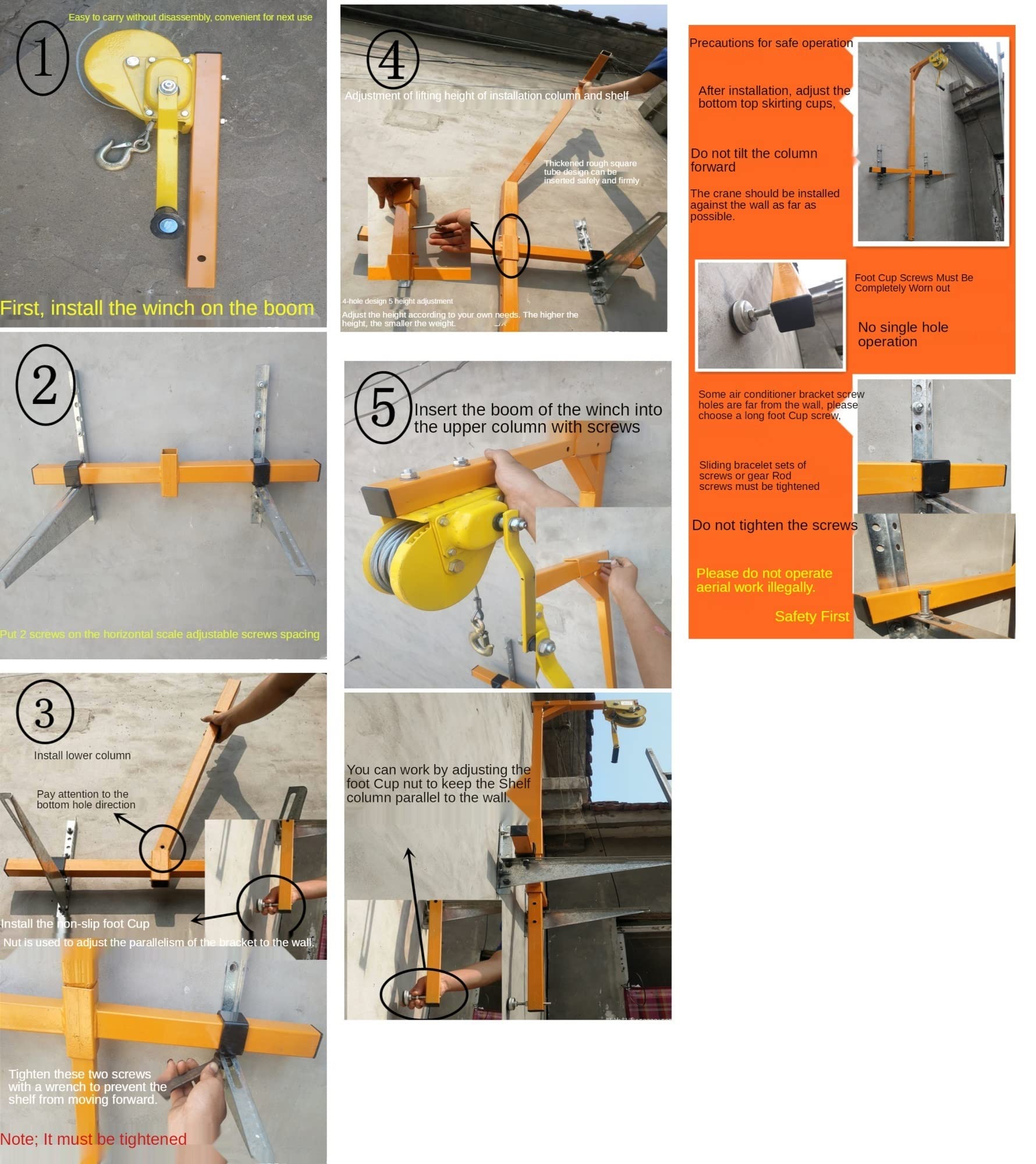 Self-Locking Manual Winch with Folding Bracket - 10m Air Conditioner Installation Lifting Crane Tool for HVAC, Window AC Units & Home Appliance Mounting (EKNGOORAN-10M) - Perfect for Contractors & DIY Home Improvement Projects