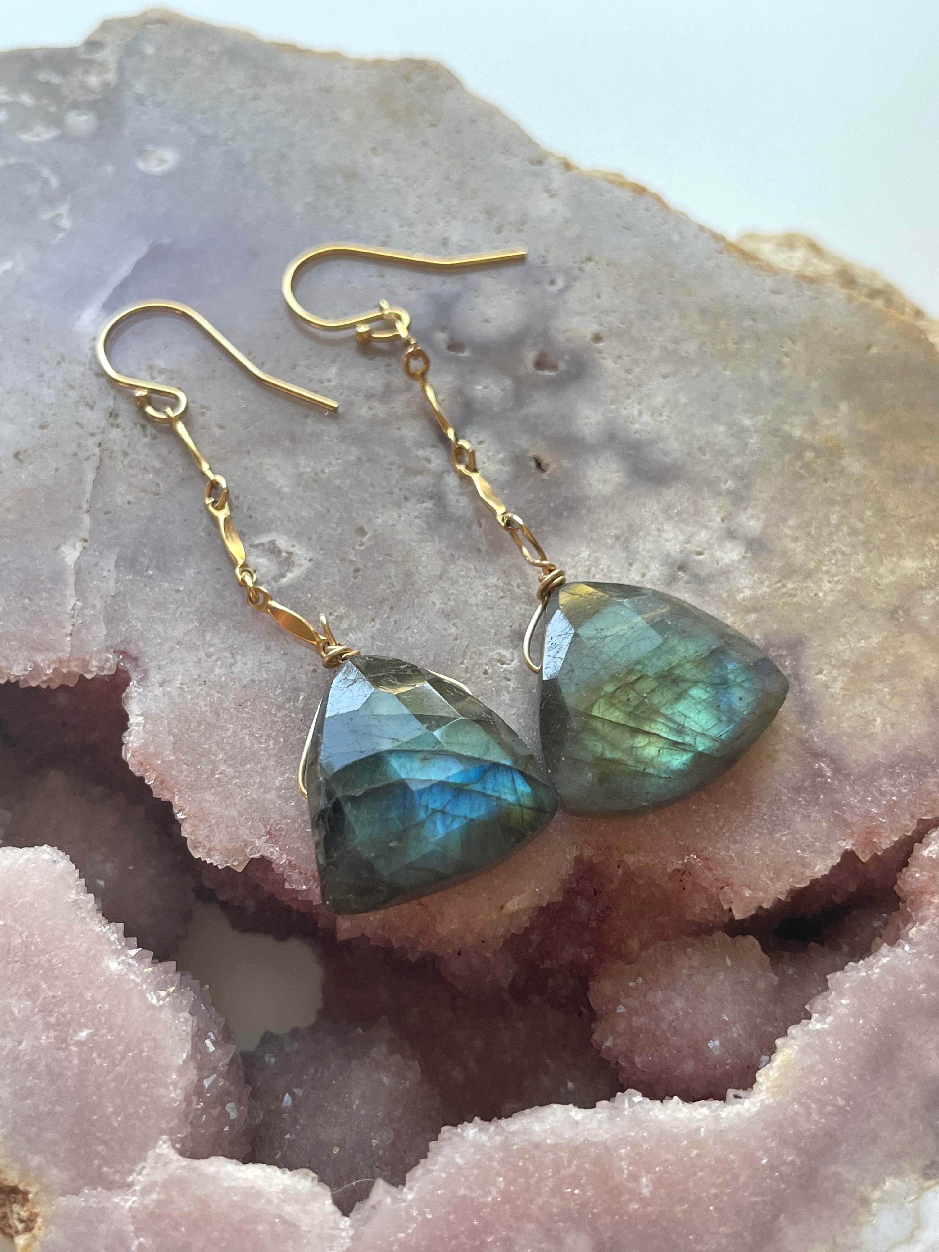 Gold Labradorite Dangle Drop Crystal Earrings for Women - Elegant Gemstone Jewelry for Party, Wedding & Everyday Wear