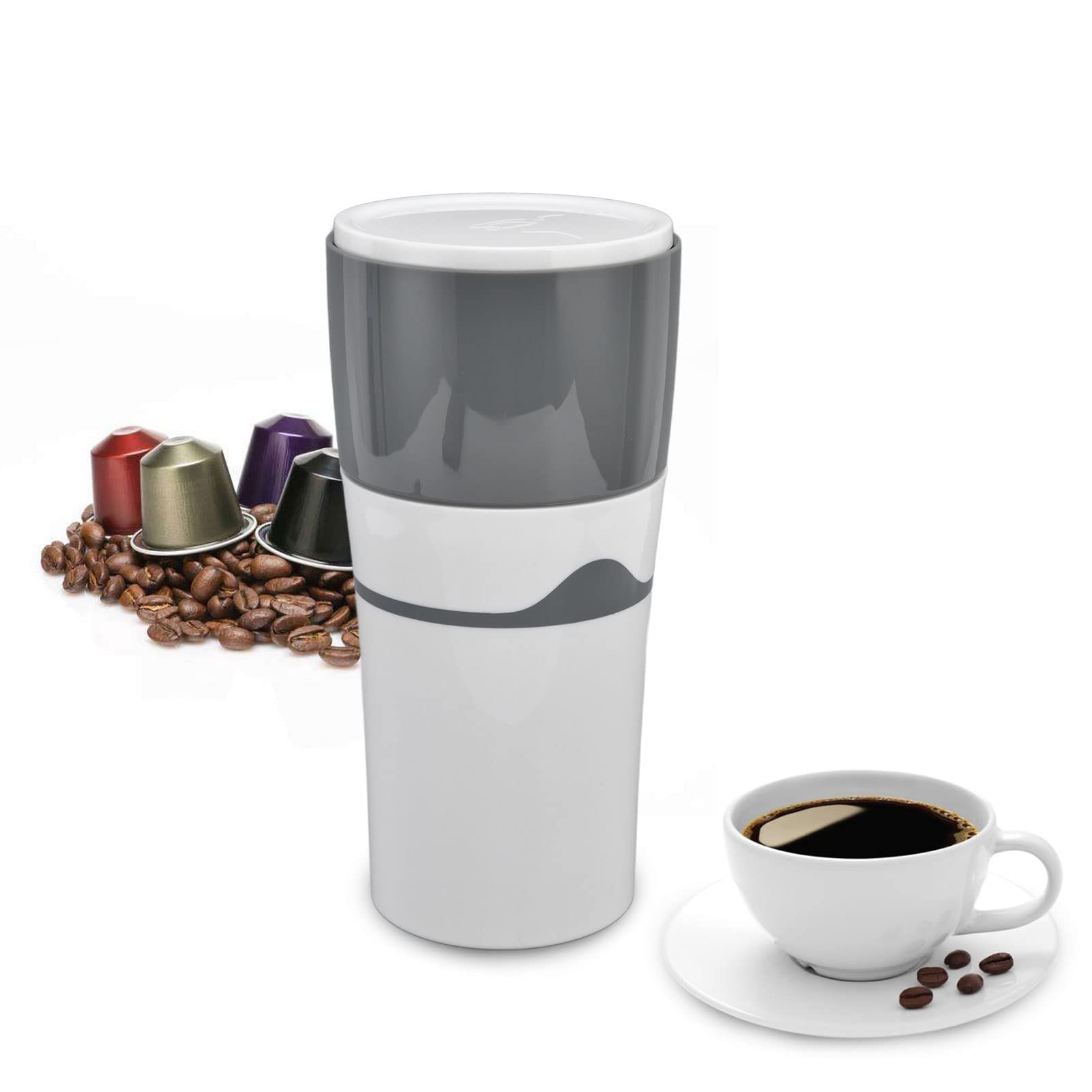 Portable Drip Coffee Maker for Travel & Camping - Compact K Cup Coffee Machine with Reusable Capsules, Lightweight & Easy to Use - Perfect for Outdoor Adventures, Office, Road Trips (Grey & White)