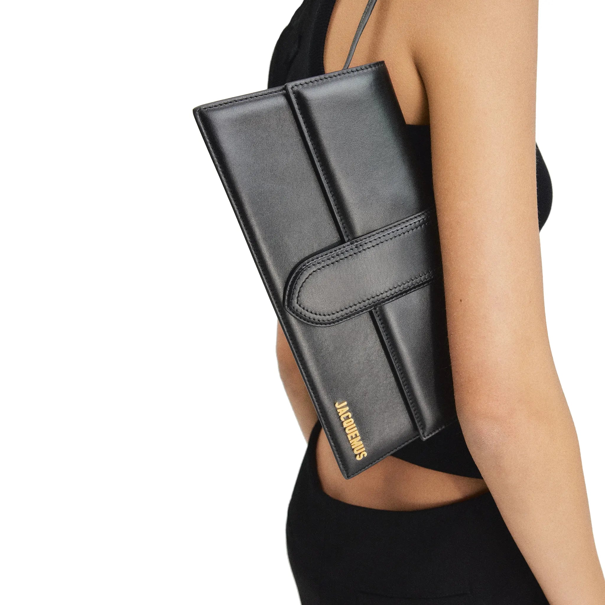 Jacquemus Le Bambino Long Flap Black Leather Shoulder Bag for Women | Luxury Designer Crossbody Purse | Perfect for Date Night, Parties & Travel Accessories