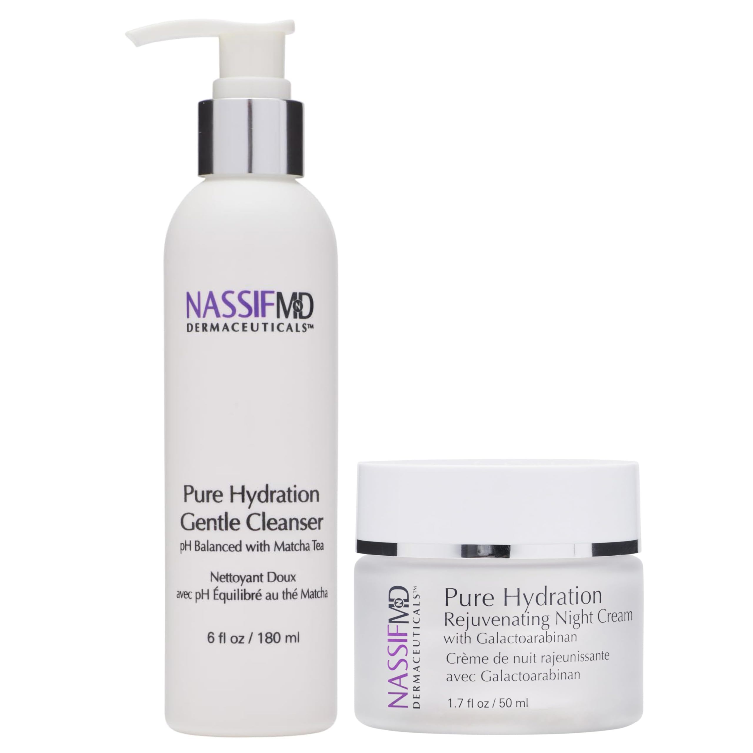 NassifMD Pure Hydration Facial Cleanser & Rejuvenating Night Cream Bundle - Matcha Green Tea Vitamin C Face Wash & Anti-Aging Moisturizer for Dry Skin | Daily Skincare Routine & Overnight Hydration Treatment