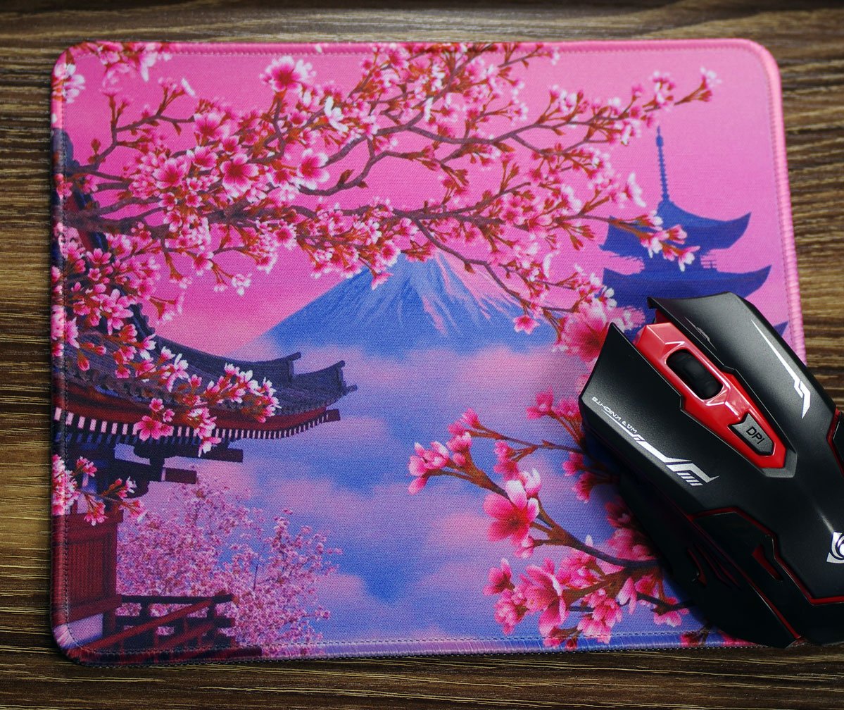Blooming Cherry Blossoms Mouse Pad with Mount Fuji Design - Non-Slip Gaming & Office Desk Mat for Computers, Laptops - Perfect for Home, Office, and Anime Lovers