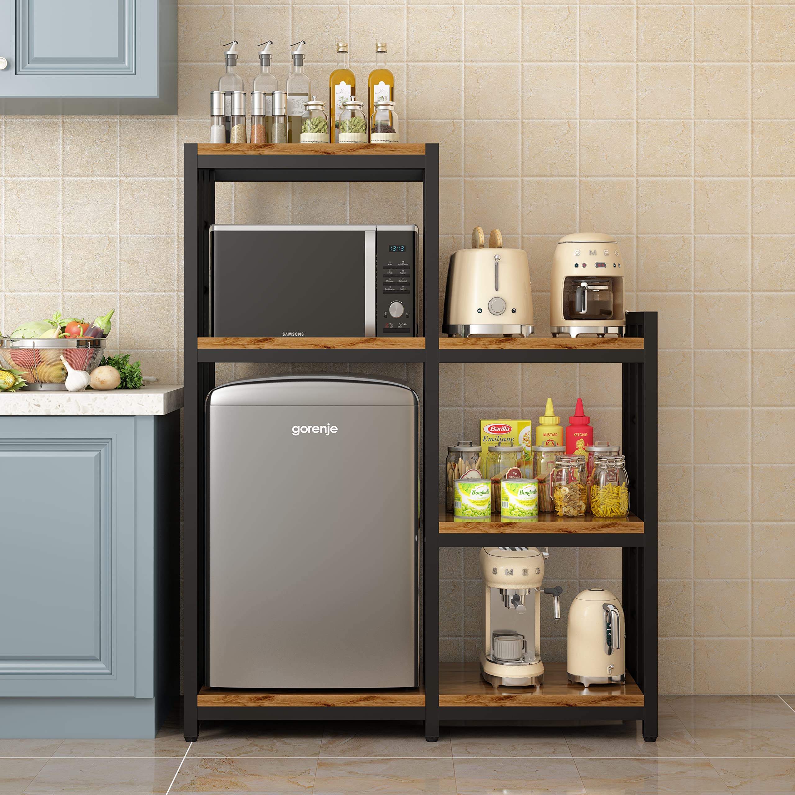 4-Tier + 3-Tier Kitchen Bakers Rack - Rustic Brown Free Standing Storage Shelf Organizer for Spices, Utensils & Microwave - Perfect for Small Kitchens, Pantry Organization & Baking Workstation