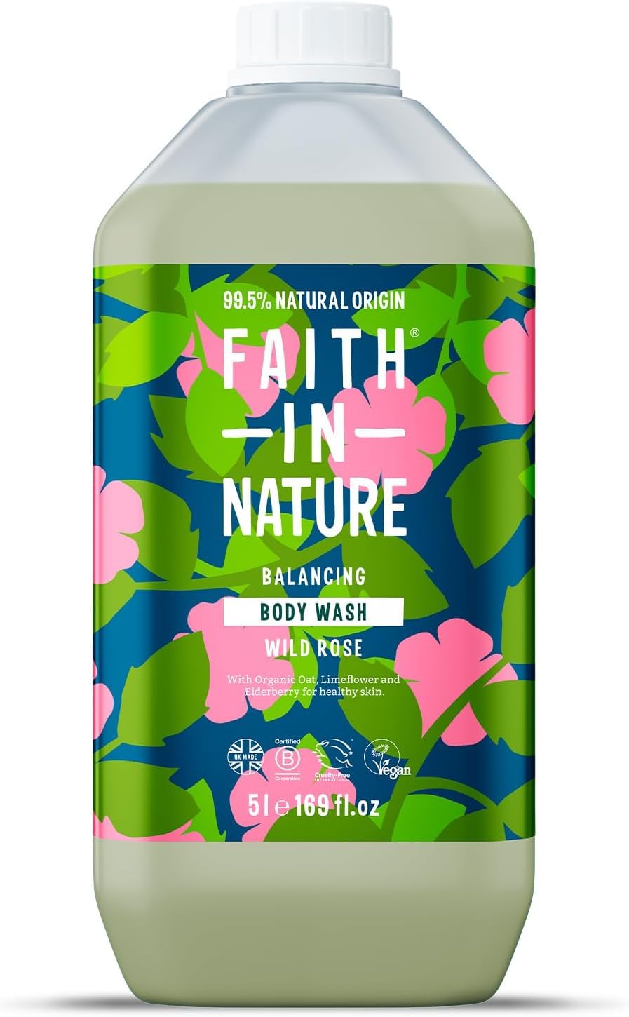 Faith In Nature Natural Wild Rose Body Wash - Vegan & Cruelty-Free Shower Gel with No SLS or Parabens, 5L Refill Pack for Sensitive Skin - Perfect for Daily Use, Spa Days & Eco-Friendly Bathrooms