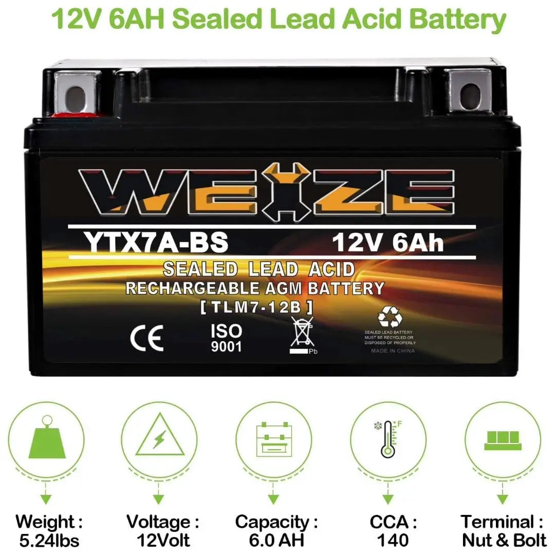 WEIZE YTX7A-BS 12V 6Ah High Performance AGM Motorcycle Battery - Maintenance Free, Sealed Lead Acid - Compatible with 50CC 125CC Gas Scooters & Mopeds (GY6 Engine) - Perfect for Honda, Yamaha, Kymco & More - Ideal for Urban Commuting & Delivery Riders