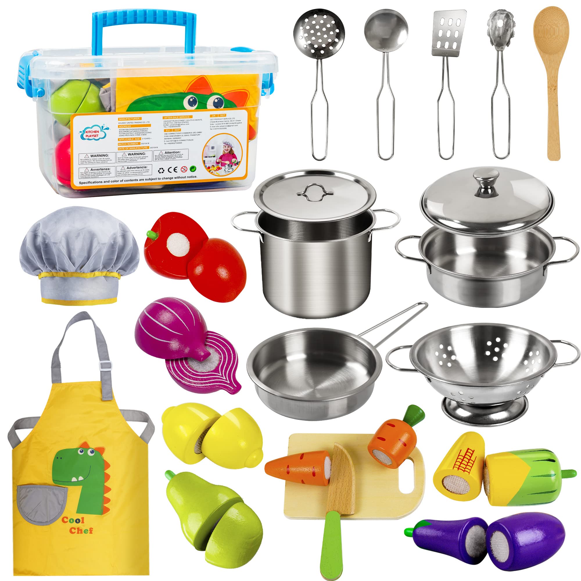 Sundaymot Wooden Play Kitchen Accessories Set - Stainless Steel Cookware, Pots & Pans, Utensils, Apron & Chef Hat - Pretend Cooking Toy with Cutting Food for Kids - Perfect for Role Play, Birthday Gifts & Early Learning (Boys & Girls)