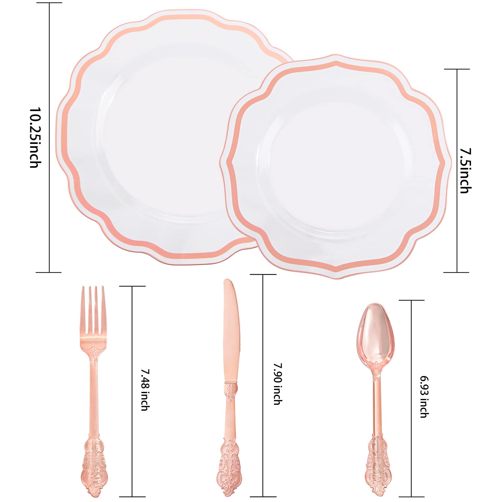 NOCCUR 150-Piece Rose Gold Plastic Dinnerware Set - 30 Dinner Plates, 30 Salad Plates, 90 Disposable Forks, Knives & Spoons - Elegant Disposable Tableware for Wedding, Birthday Party, Baby Shower & Special Events