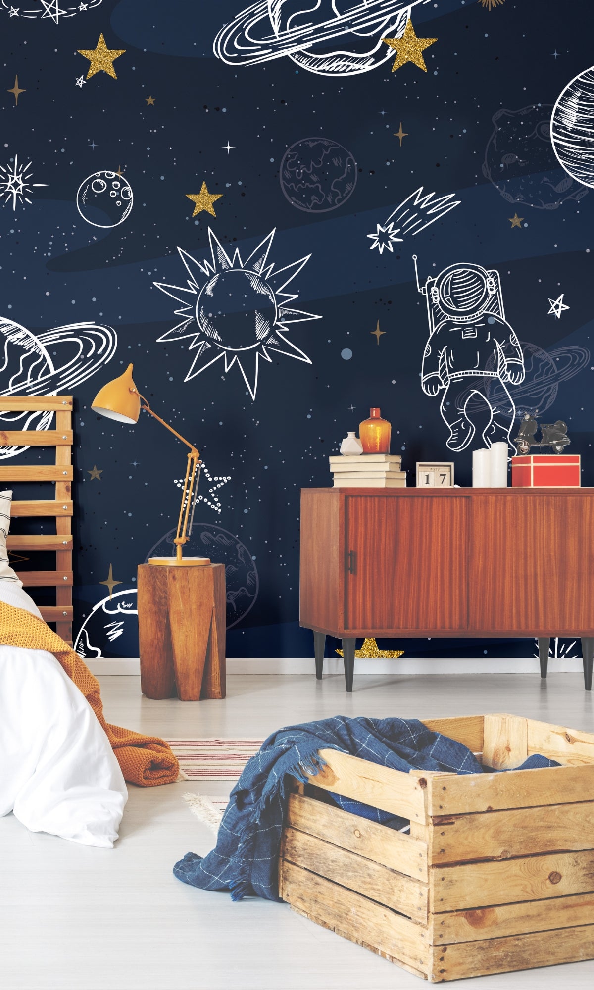 Blue Astronaut Man Mural Wallpaper M1260 Sample - Space Themed Wall Decal for Kids Room, Nursery, or Playroom Decor