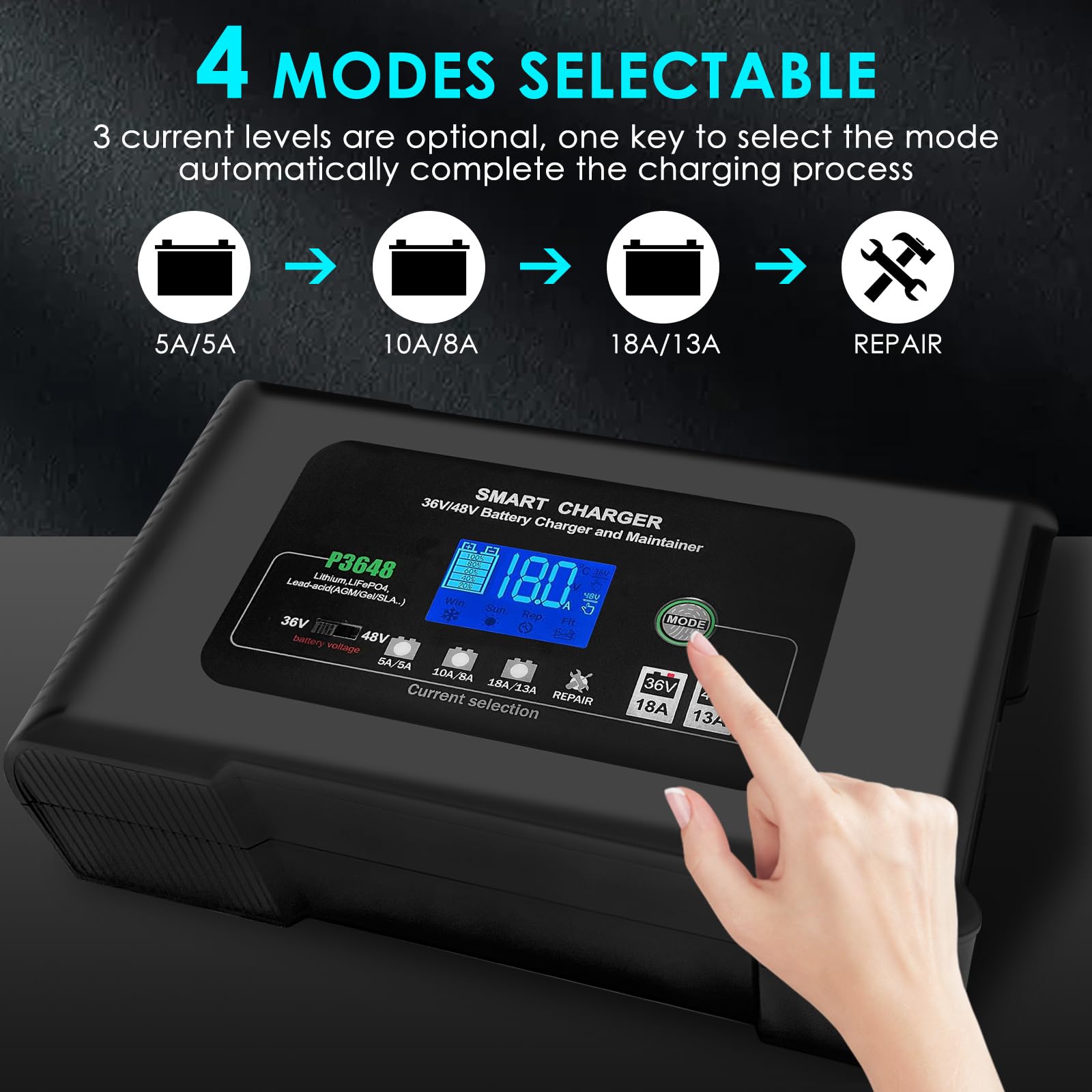 48V 13A & 36V 18A Smart Golf Cart Battery Charger - Compatible with Lithium, LiFePO4, Lead-Acid AGM/Gel/SLA Batteries - Works with EZGO RXV & TXT Golf Carts - Perfect for Home, Course, and RV Use