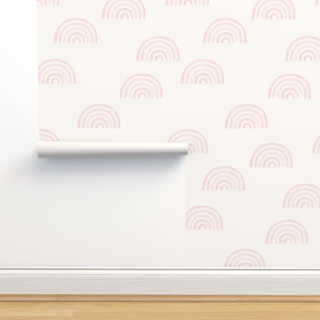 Scattered Rainbow Pink Peel & Stick Wallpaper - 9ft x 2ft Removable Self-Adhesive Wallpaper for Girls Room, Nursery & Kids Bedroom Decor | Pastel Baby Rainbows Design by Spoonflower