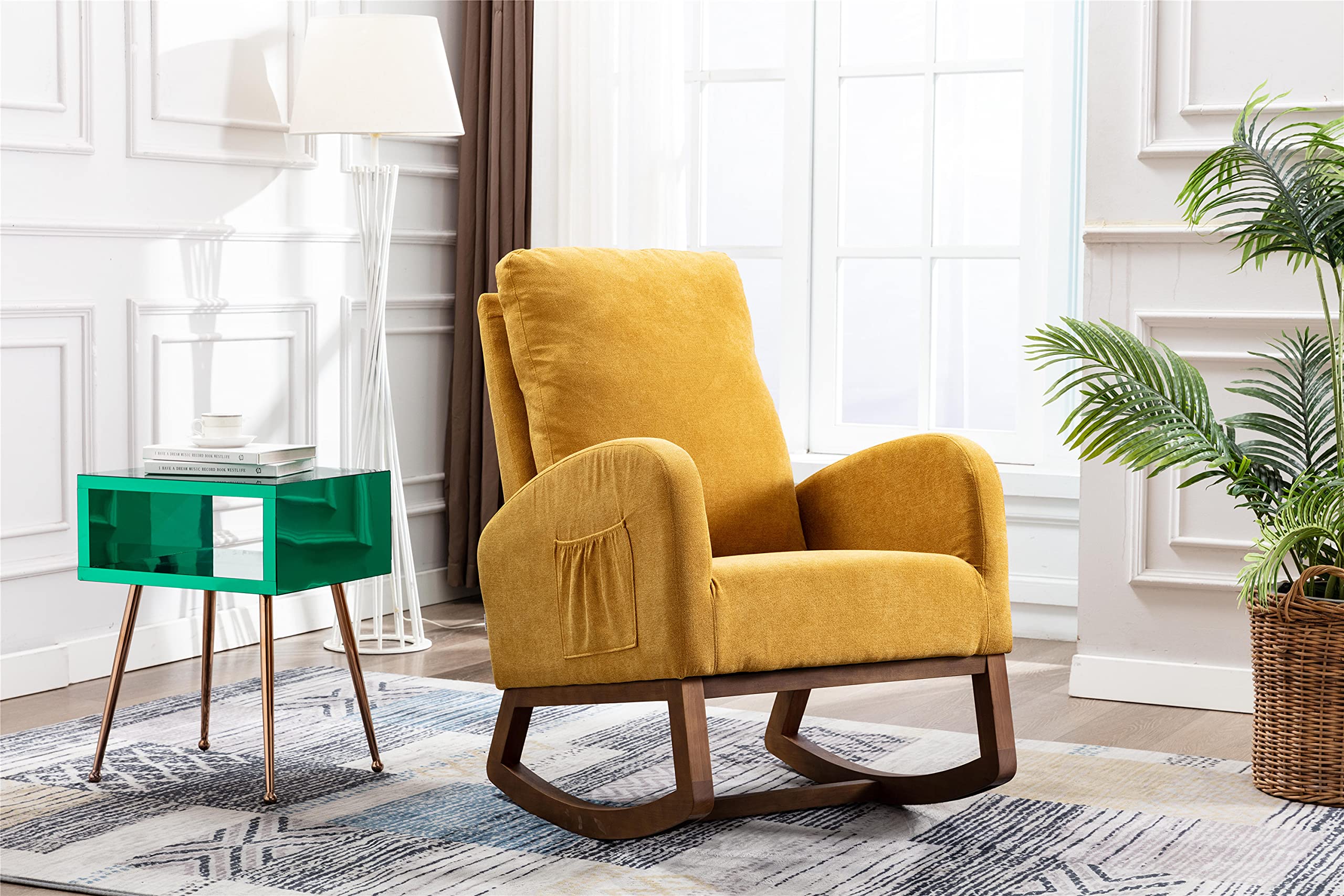 Modern Rocking Chair Nursery Glider Recliner - High Back Cushion Accent Chair for Baby Nursery, Kids Room & Living Room - Comfortable Indoor Lounge Rocker with Pocket - Perfect for Breastfeeding, Reading & Relaxing (Yellow)