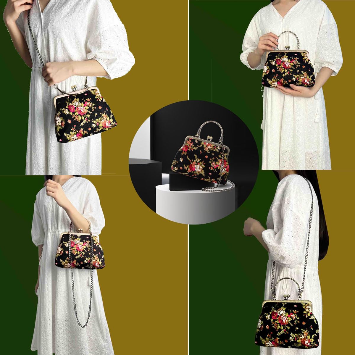 Vintage Floral Kiss Lock Purse - Women's Top Handle Handbag for Travel & Vacation