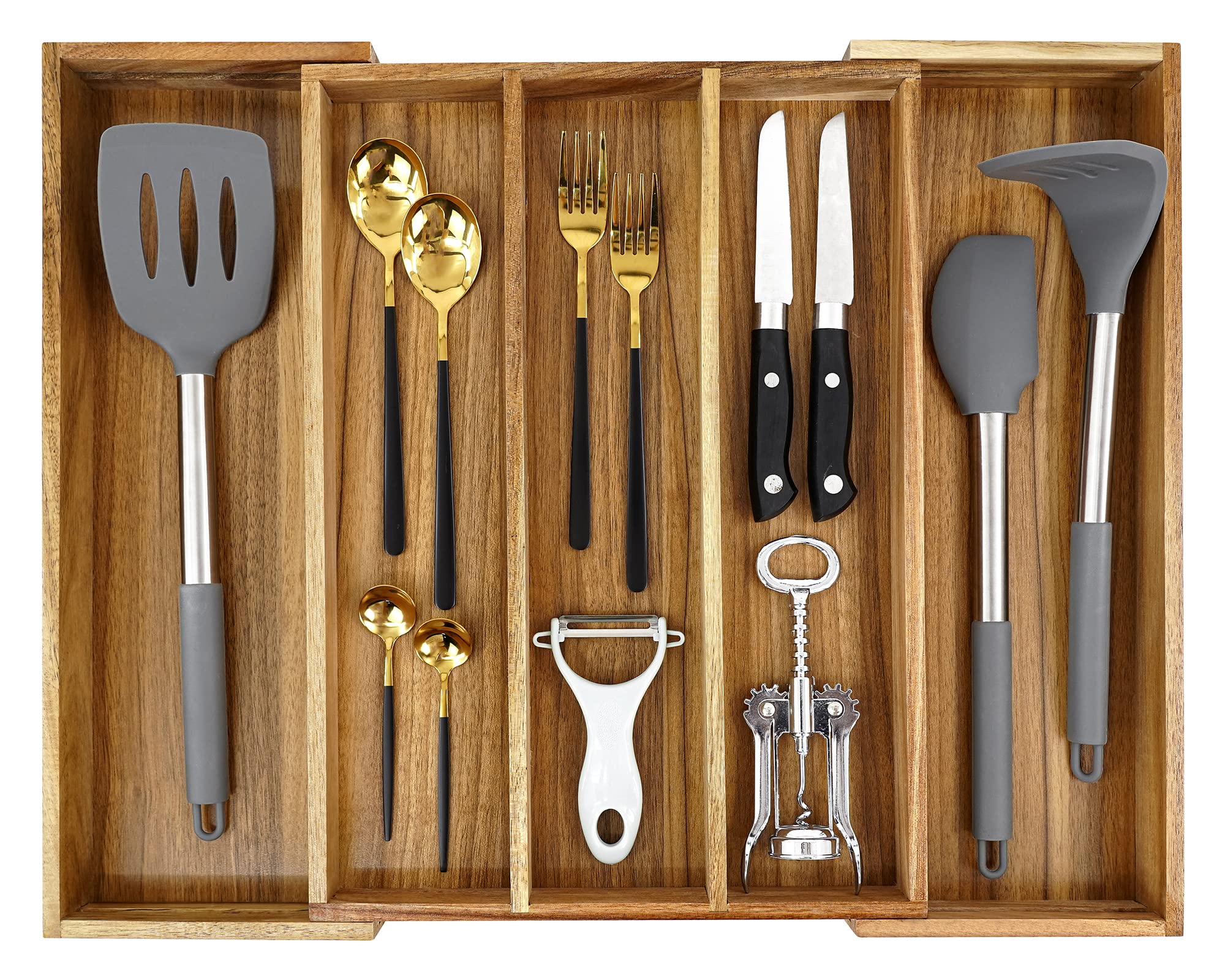 Premium Acacia Wood Silverware Organizer - 5-Slot Kitchen Drawer Organizer for Utensils & Flatware with Adjustable Grooved Dividers | Perfect for Dining Room Storage & Kitchen Organization