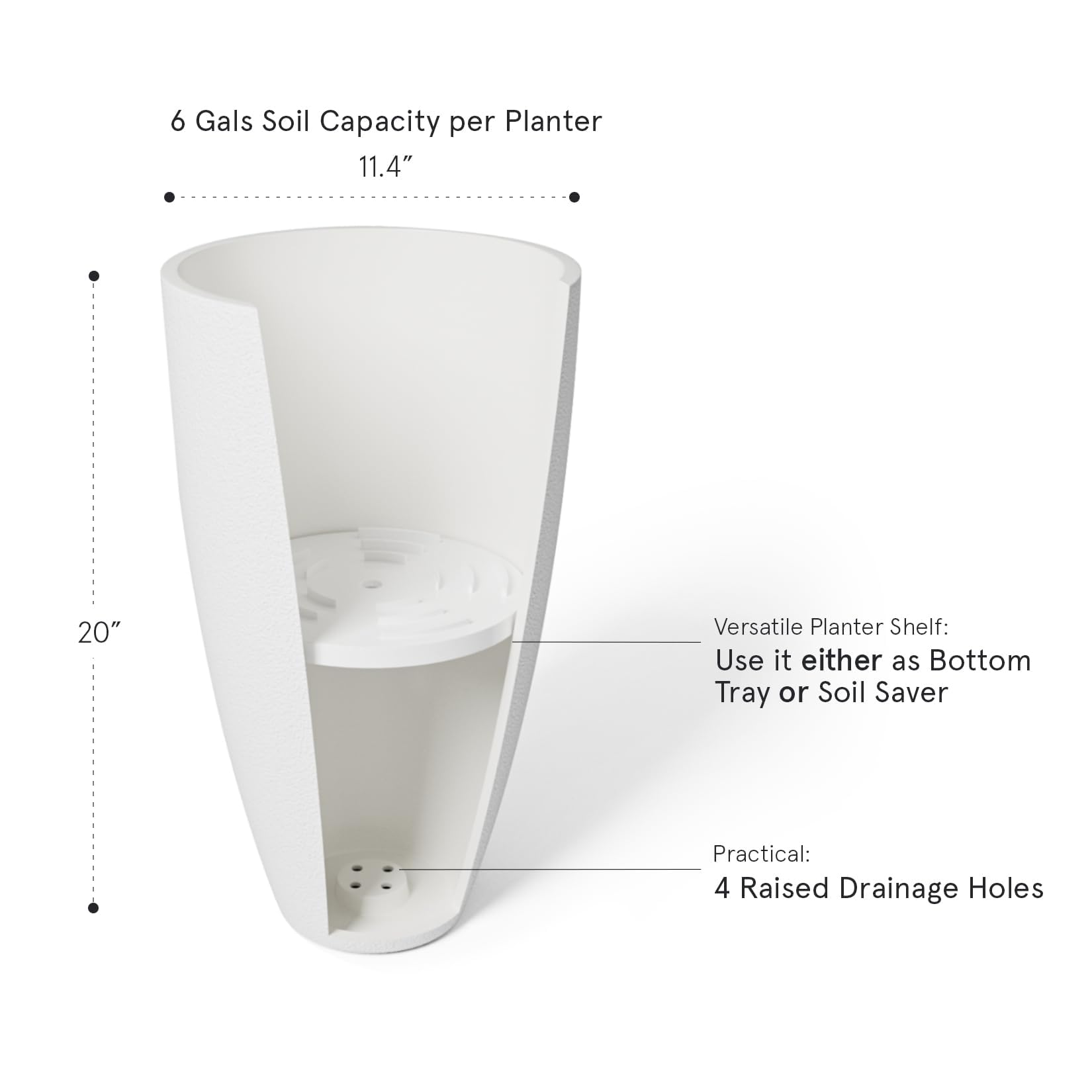 LA Jolie Muse 20 Inch Tall White Planters Set of 2 - Modern Indoor/Outdoor Round Flower Pots with Drainage Holes & Shelf Inset - Perfect for Front Door Decor, Balcony Gardening, Patio Plants & Home Office Greenery