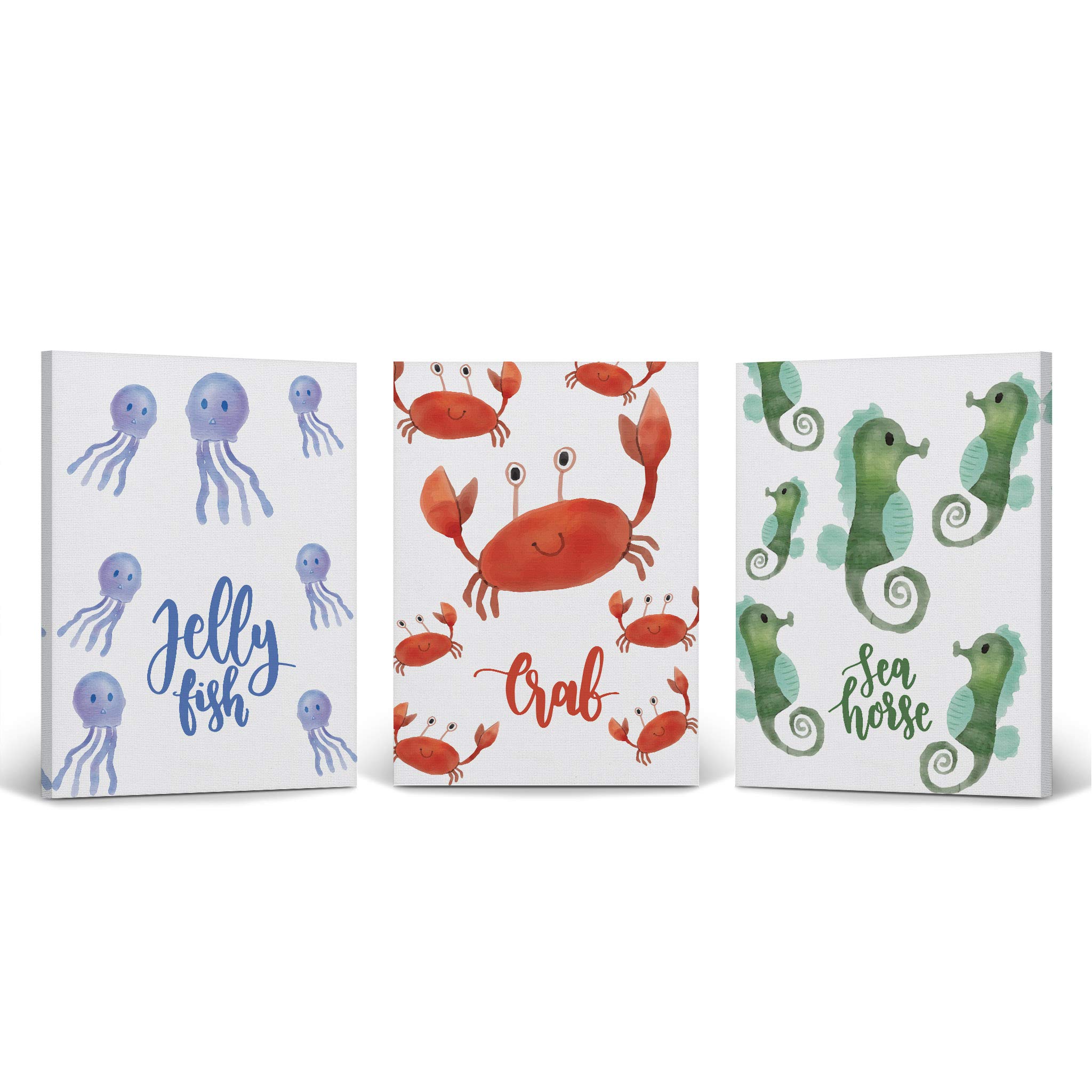 3-Piece Jellyfish Crab Seahorse Watercolor Canvas Art Print Set - Kids Room Decor, Nursery Wall Art for Boys & Girls - Ready to Hang, Made in USA (22x15 Inches) - Perfect for Beach Themed Bedrooms & Ocean Lover Gifts