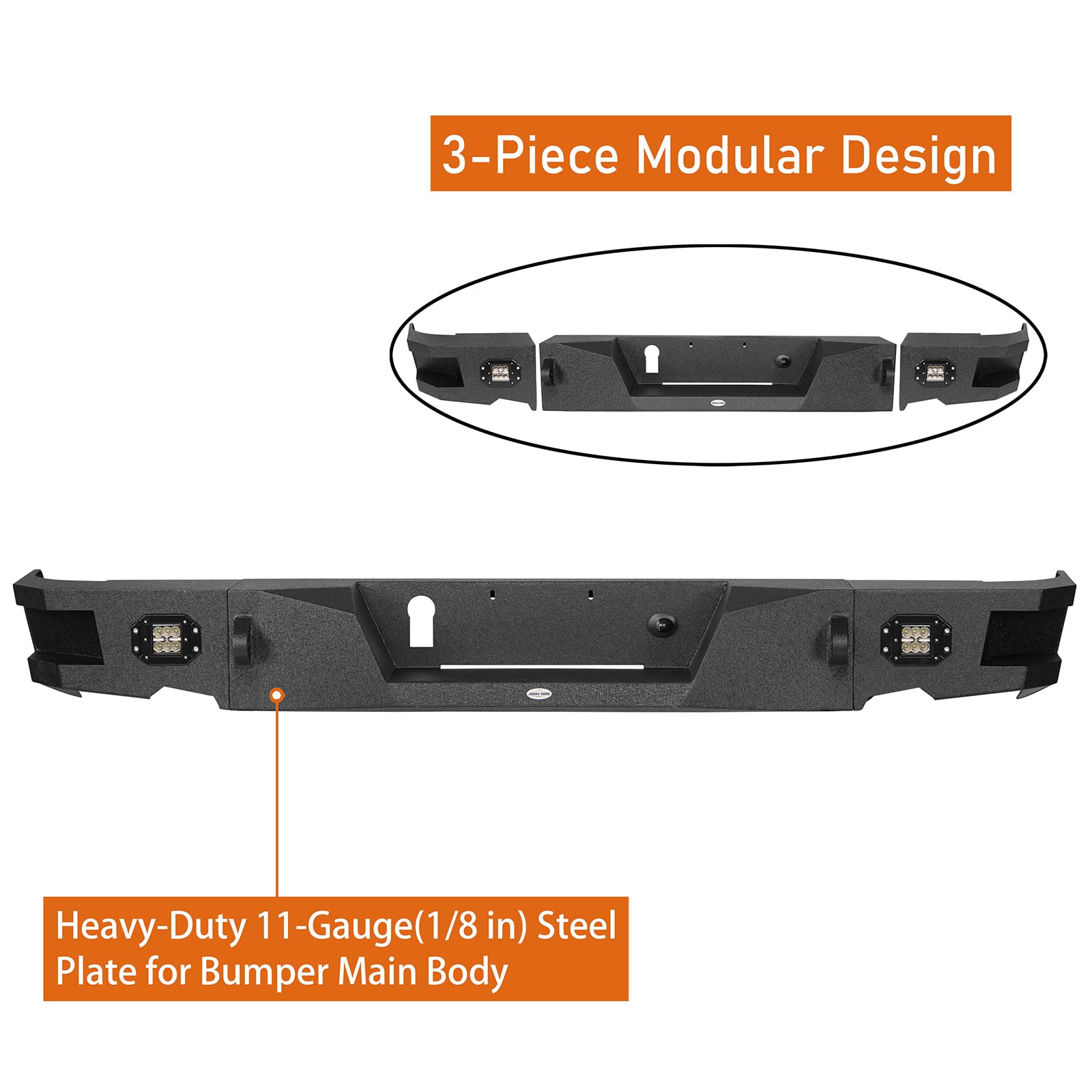 Hooke Road Heavy Duty Steel Rear Bumper with LED Lights for 2009-2023 Dodge Ram 1500 Pickup Truck | Back Step Bumper Replacement | Off-Road Protection & Towing Enhancement