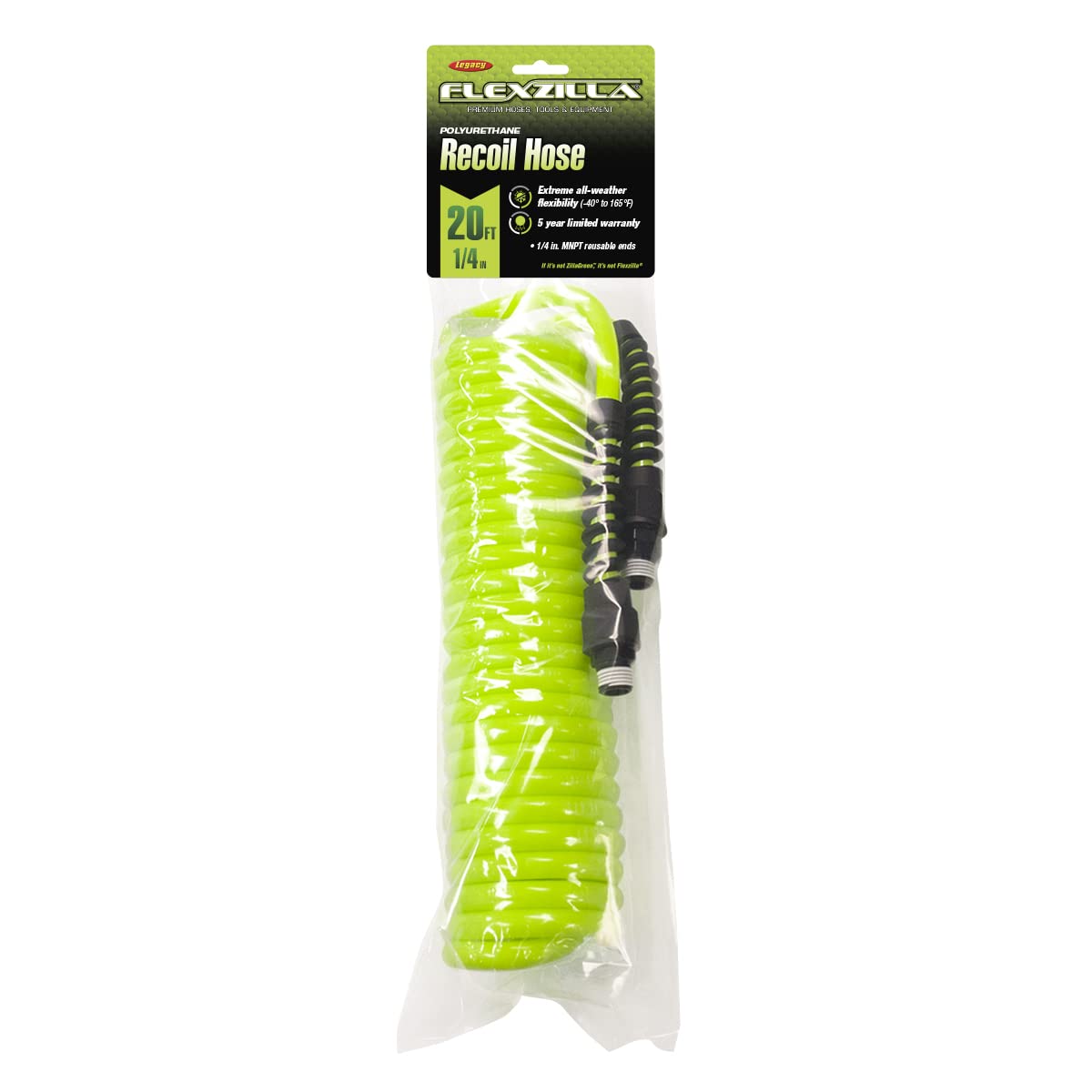 Flexzilla 1/4 in. x 25 ft. Polyurethane Recoil Air Hose - Lightweight, Kink-Free, Durable for Air Tools, Compressors | Ideal for Automotive, Construction & DIY Projects (Model: LP1425AFZ, ZillaGreen)