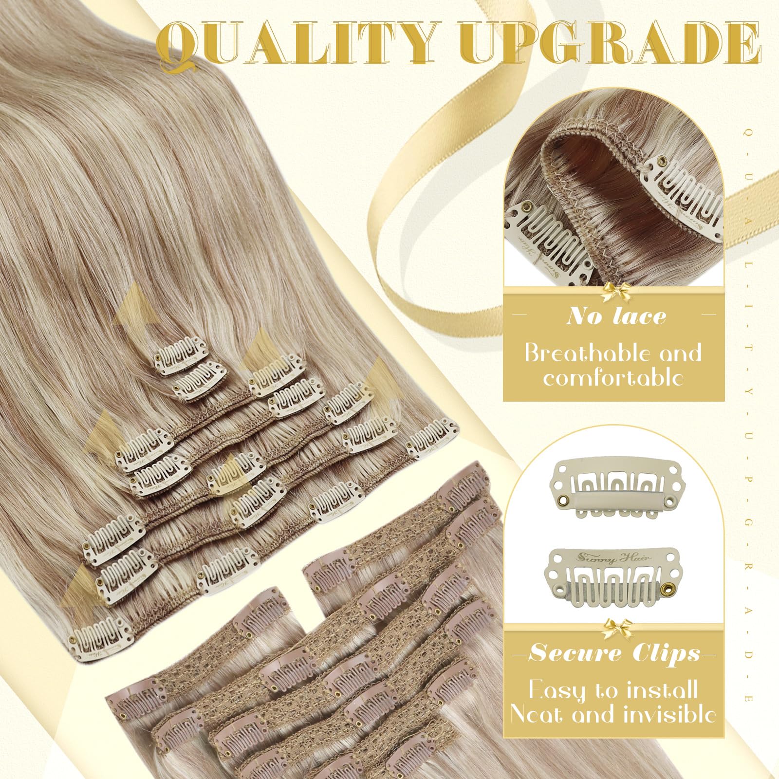Ve Sunny Clip-In Human Hair Extensions - 18 Inch Ash Blonde Highlights with Bleach Blonde, 7pcs 120g Real Remy Hair for Women | Perfect for Parties, Weddings & Daily Styling