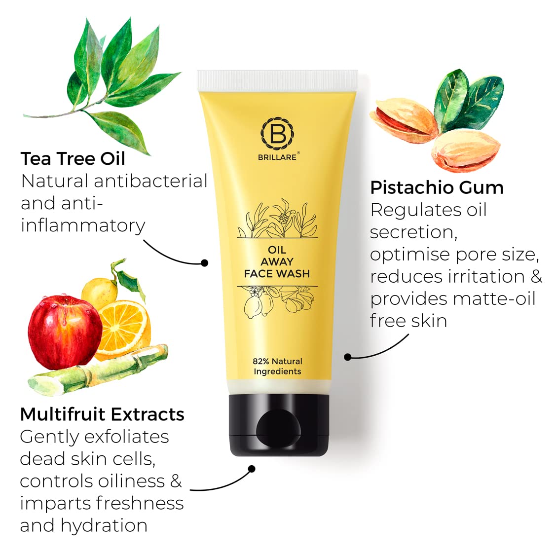 Brillare Professional Oil Away Natural Face Wash with Tea Tree & Turmeric (100ml) - Deep Cleansing for Oily & Acne-Prone Skin - Perfect for Daily Skincare Routine