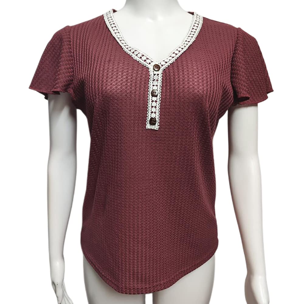 Women's Waffle Knit Crochet Embellished Collar Cap Sleeve Boho Summer Top - V-Neck Loose Fit T-Shirt for Casual Outings & Beach Vacations
