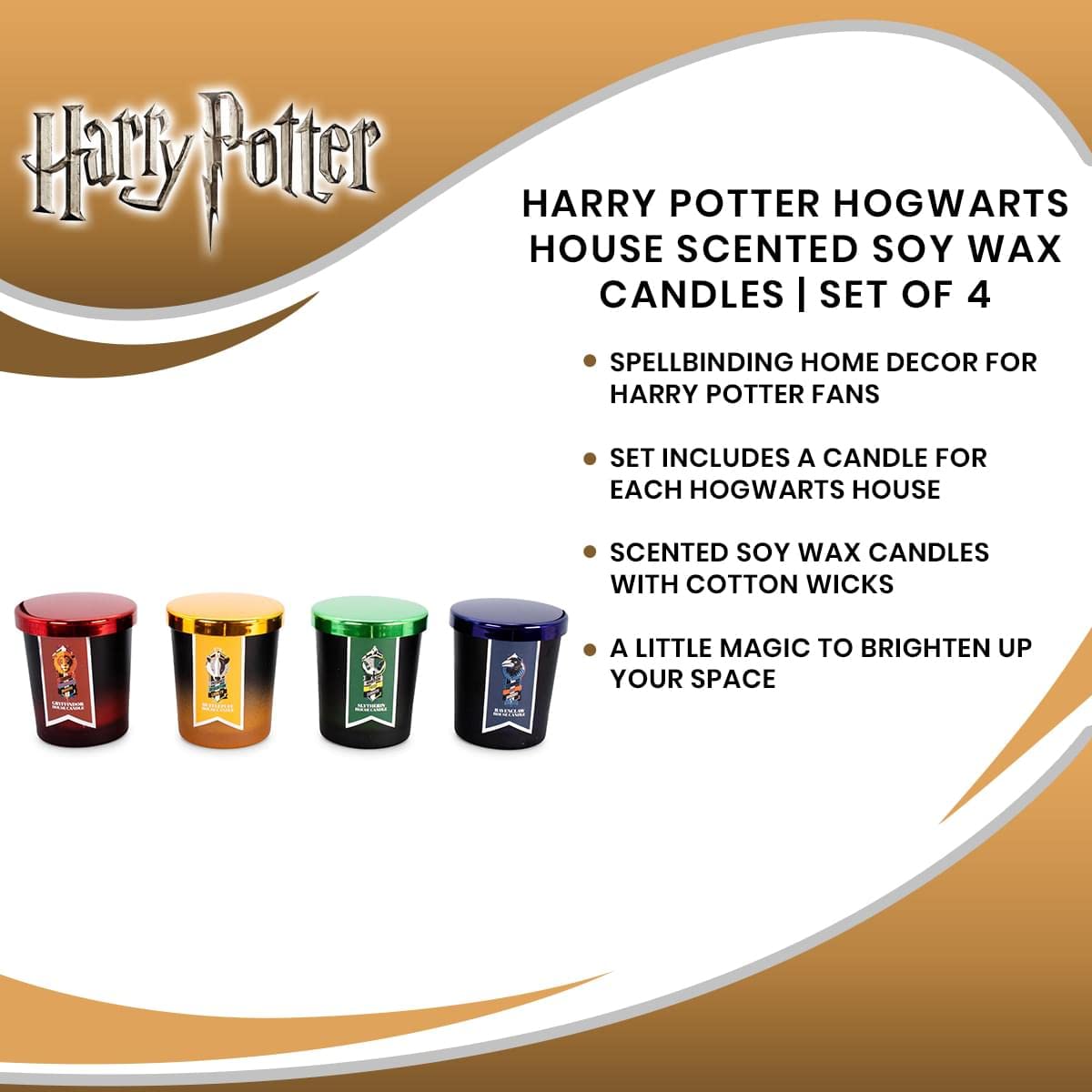 Harry Potter Hogwarts House Scented Soy Wax Candles - 4 Pack with Unique Fragrances (20 Hour Burn Time) | Home Decor, Housewarming Gifts, Wizarding World Collectibles | Perfect for Potterhead Parties, Cozy Reading Nooks & Magical Home Ambiance