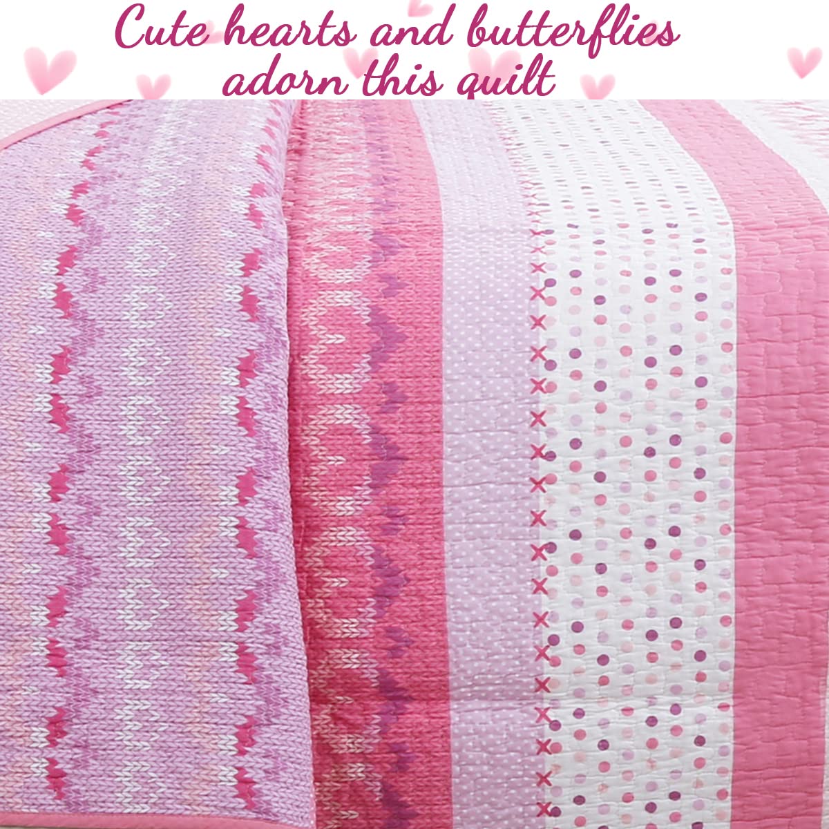 Pink Butterfly Knit 100% Cotton Reversible Quilt Bedding Set - 6 Piece Queen Size (1 Quilt + 2 Shams + 3 Decorative Pillows) | Cozy Line Home Fashions | Soft & Breathable Coverlet & Bedspread for Bedroom Decor, Guest Room & Cozy Nights